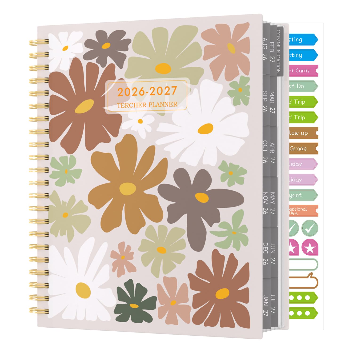 Planificador para profesores 2026-2027, semanal y mensual para el año académico con calcomanías, 8.5 x 11 pulgadas, encuadernado con alambre, pestañas laminadas, bolsillo, organiza fácilmente tu