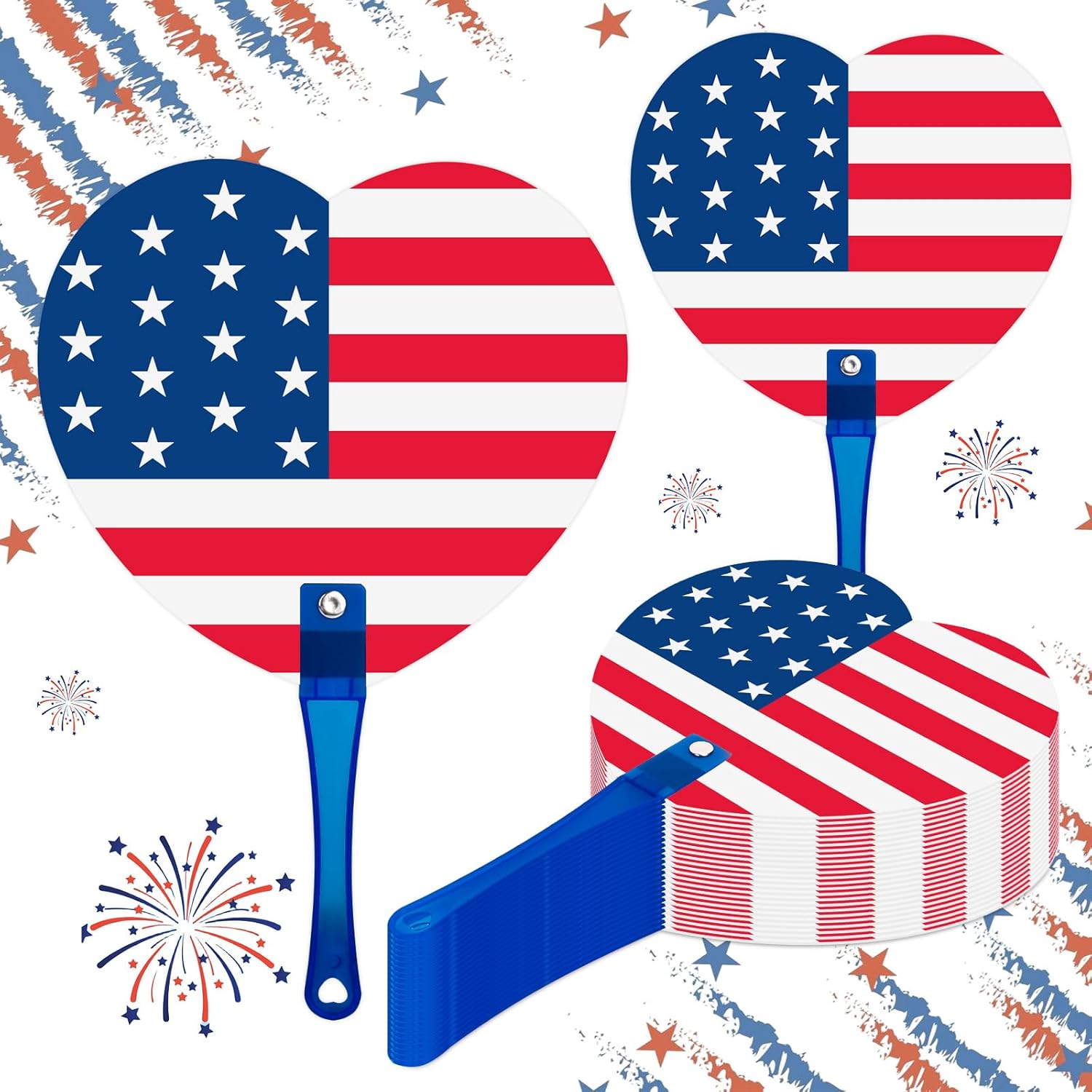 FYSUIMU 50Pcs Patriotic Handheld Fans 4th of July Heart Shape Hand Fans American Flag Stars Stripes Double Sided Plastic Fan for Independence Day Party Favor Memorial Day Supplies Parade Gifts