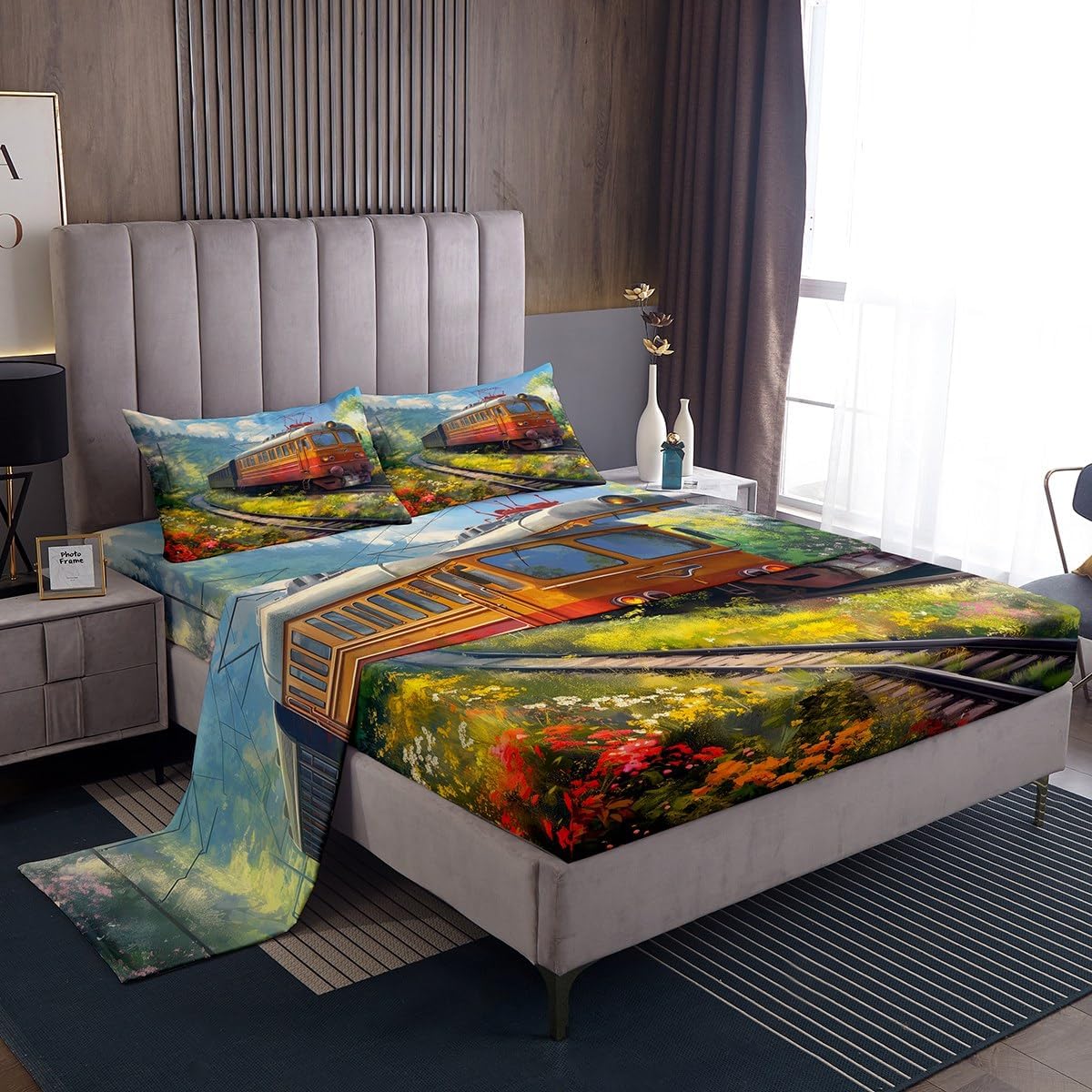 Erosebridal Watercolor Train King Sheets Steam Engine Bed Set Oil Painting Bedding Set Rainbow Botanical Floral Top Sheet Hand Drawn Car Theme Room Décor for Kids Toddler Boys
