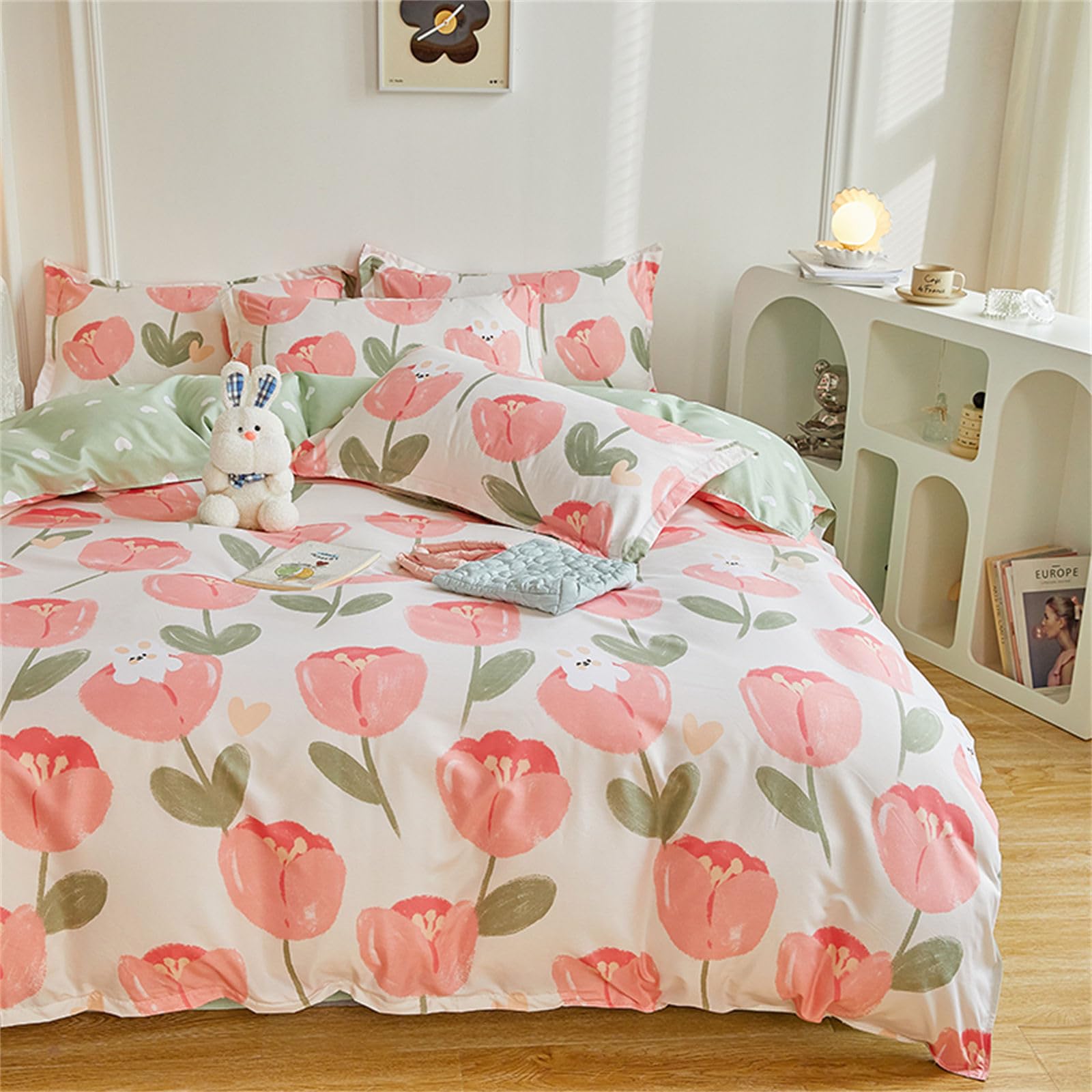 Odot Juego Ropa de Cama 4 Piezas, Impresión Flores de Tulipán Juegos de Funda para Edredón con Funda de Nórdico, Sabanas Encimeras y Funda de Almohada (Flores de tulipán Rosa,180x220cm)