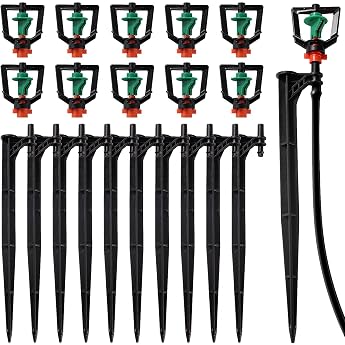 VooGenzek 10 Pieces Micro Nozzle and 10 Pieces Micro Drip Pipe Holder 360 Degree Rotating Sprinkler Nozzle Refraction Spray Nozzle Hanging Irrigation Sprinkler Head for Farm Garden Outdoor