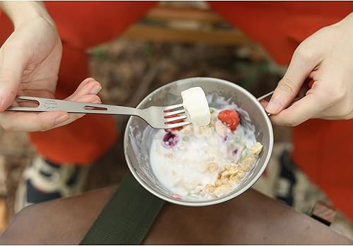 Miniatura 7 de Utensilios de campamento de titanio, juego de 3 piezas, cuchara y tenedor, juego de cubiertos con bolsa y mosquetón para acampar al aire libre,