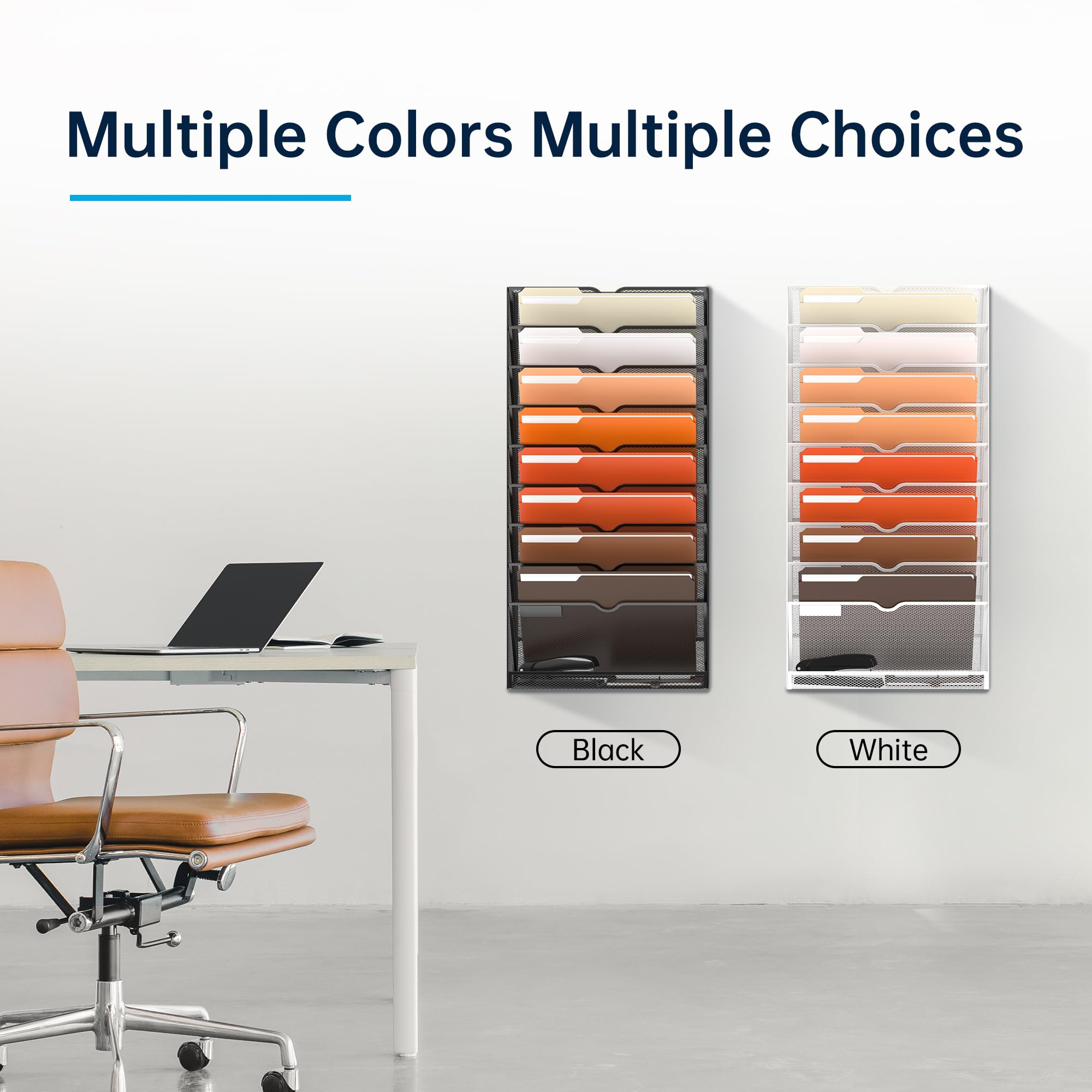 Organizador de archivos de pared colgante de 10 niveles para papeles, carpetas, portapapeles de archivos y organización de revistas, ideal para oficina y hogar, color negro 3