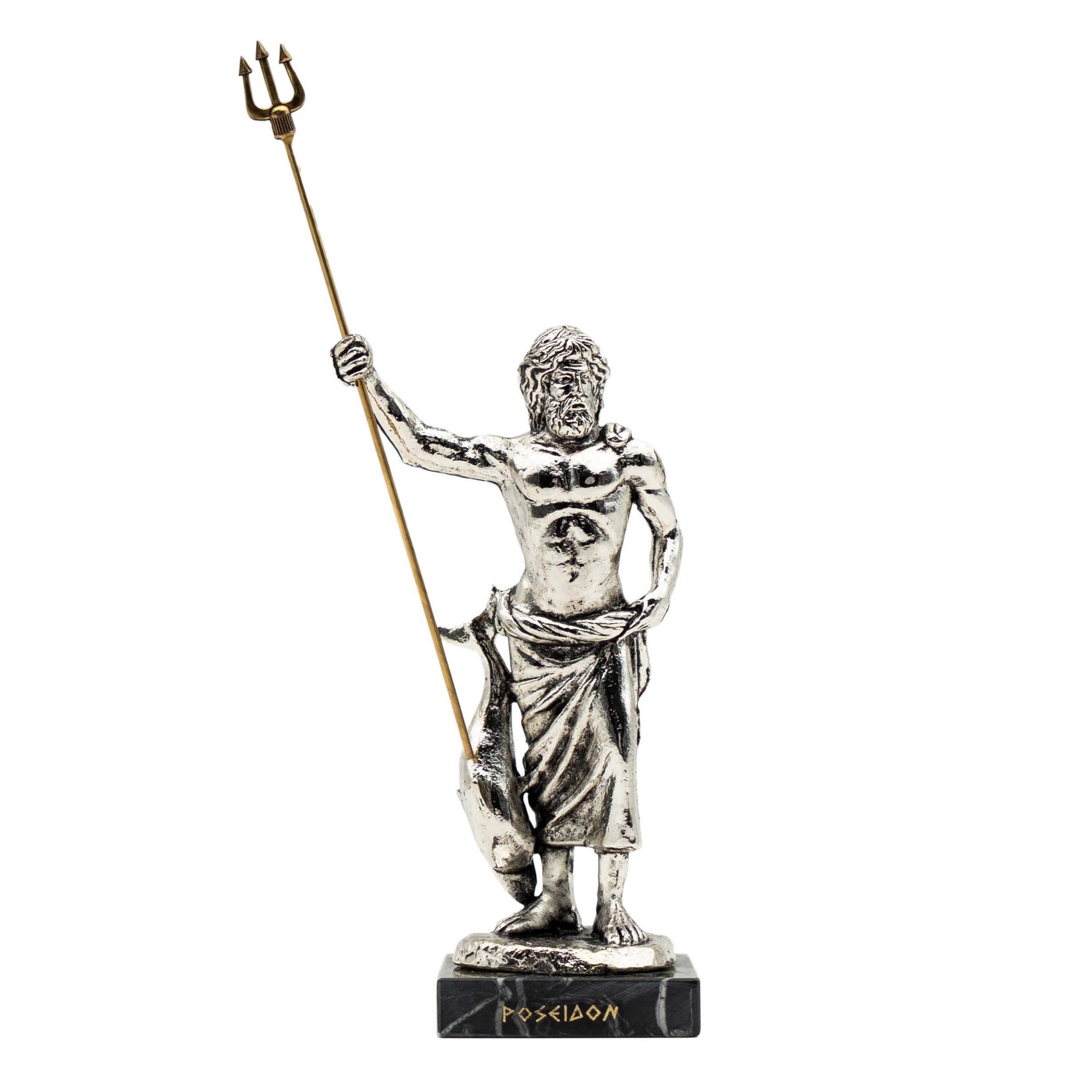 Helcee Handmade Silver Patina Poseidon Statue on Black Marble Base 7 in