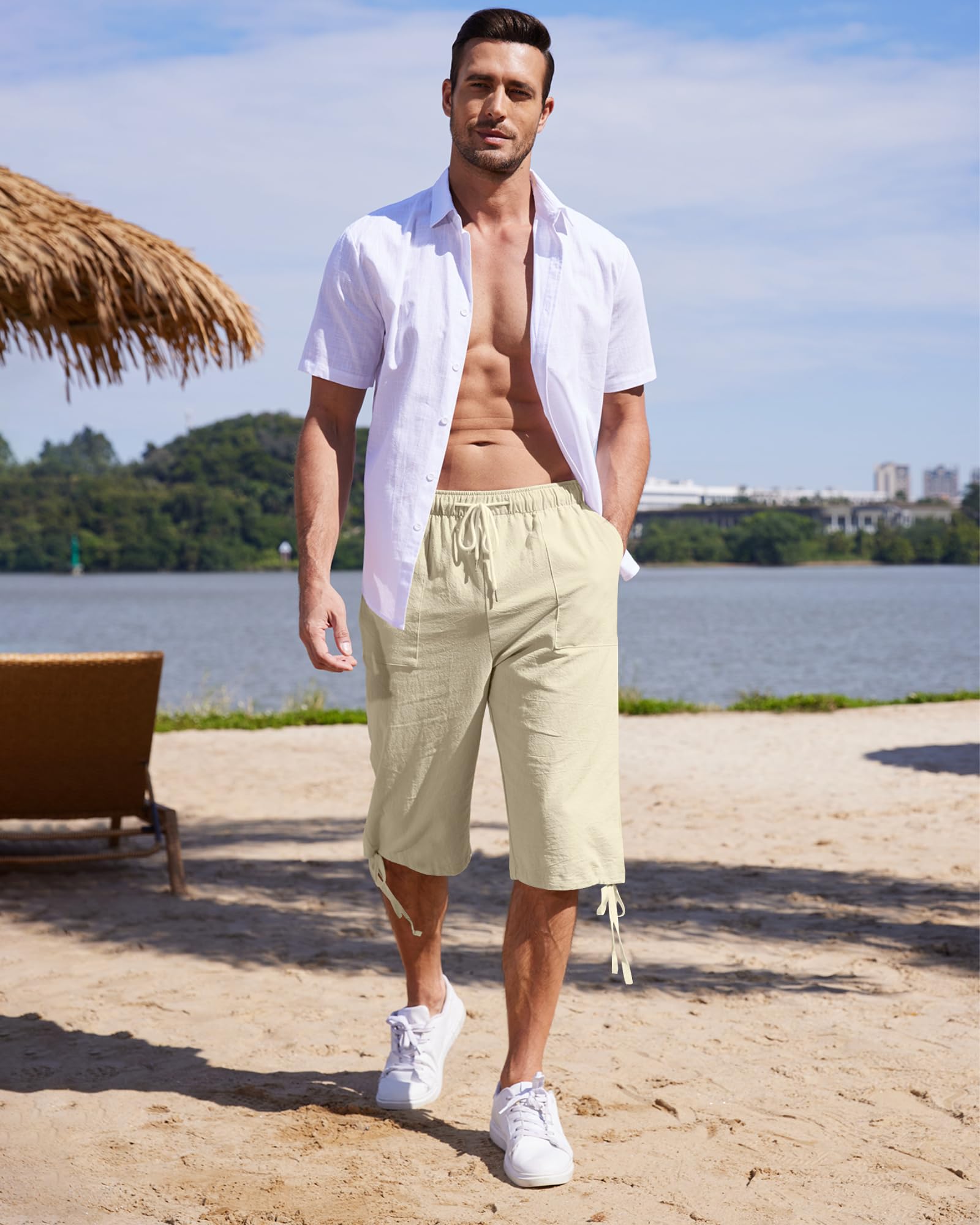 LVCBL Męskie lniane szorty o długości 3/4 spodnie letnie spodnie plażowe jogger casual spodnie dresowe