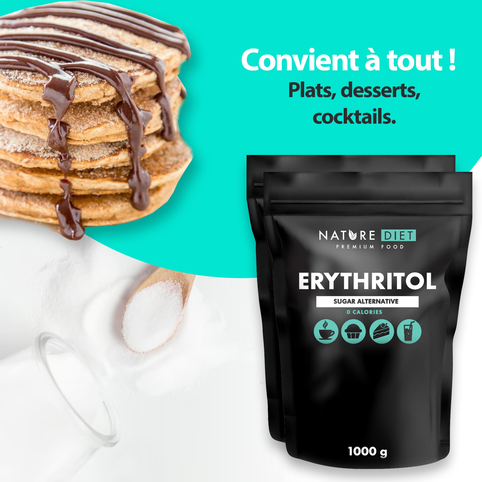 Nature Diet - Érythritol 2 x 1000g | Édulcorant naturel | Zéro Calorie | Remplacement du sucre | Substitut du sucre