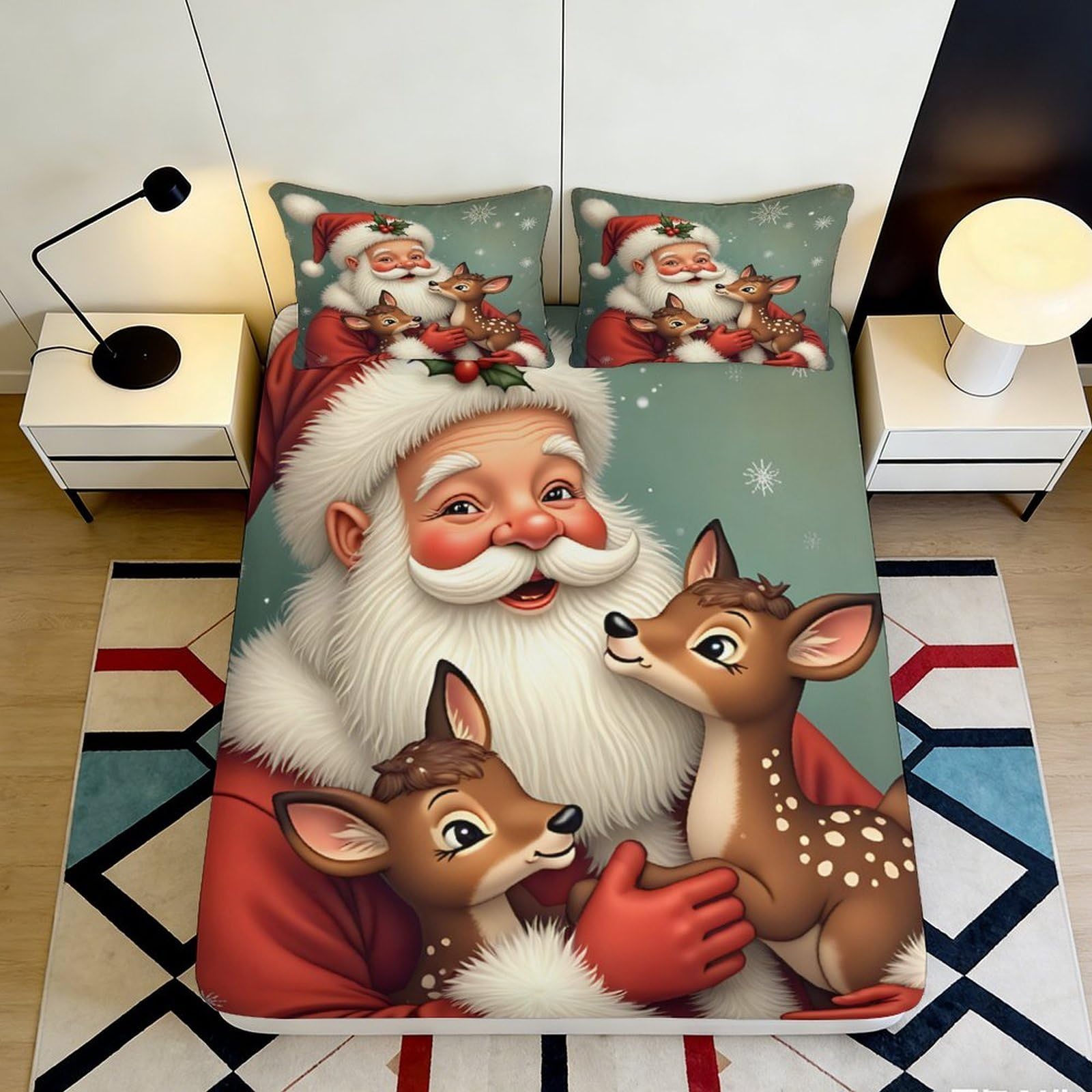 3D Printed Santa Claus Reindeer Fitted Sheet Microfiber Christmas Bed Cover for Bedroom Guest Room Decor Protection 90x200x25cm