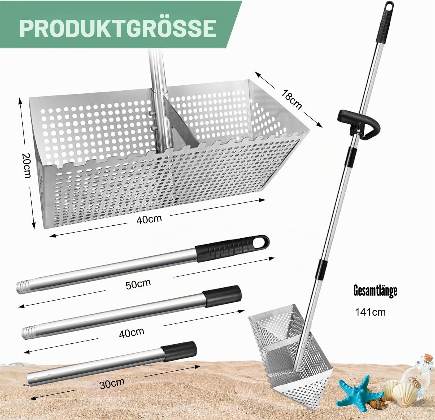 Sandflohharke, Sandsieb groß aus Edelstahl, Abnehmbarer 140 cm Langer Stiel Sand-Sieb mit rutschfestem Griff, für Strand Garten