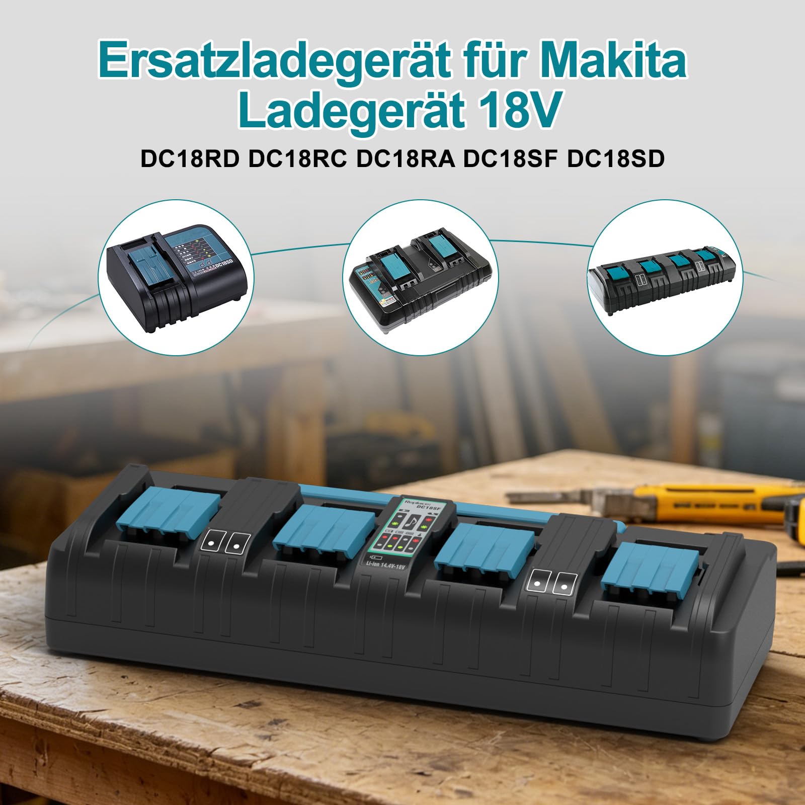 4-Fach Schnellladegerät DC18SF für Makita Ladegerät 18V | Kompatibel mit Makita Akku 18V/14.4V BL1850 BL1840 BL1830 BL1430 BL450 DC18RC DC18RD