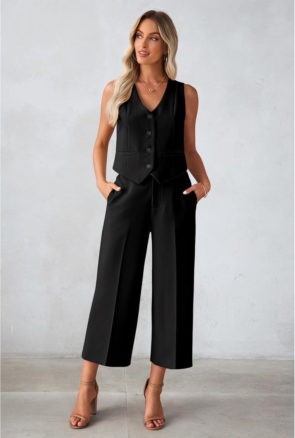 luvamia Pant Suits for Women Dressy Casual 2 Piece Sets Sleeveless Blazer Vest with Wide Leg Capri Pants Work Outfit - Image 4