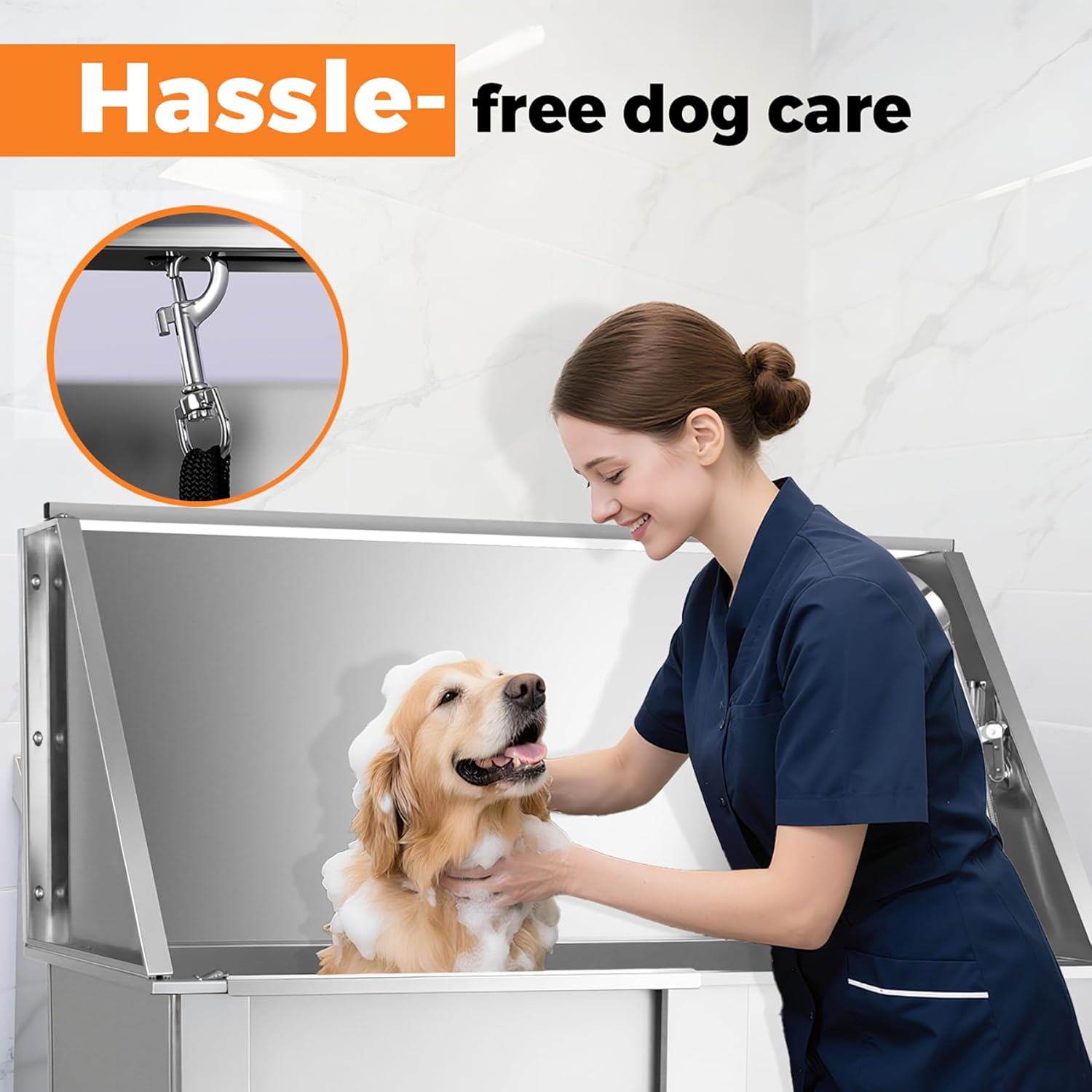 Professional Stainless Steel Dog Washing Station for Home, 50" Dog Bathtub for Large, Medium and Small Pet, Dog Grooming Tub with Anti-Slip Steps, Faucet, and Soap Box (Left Door)