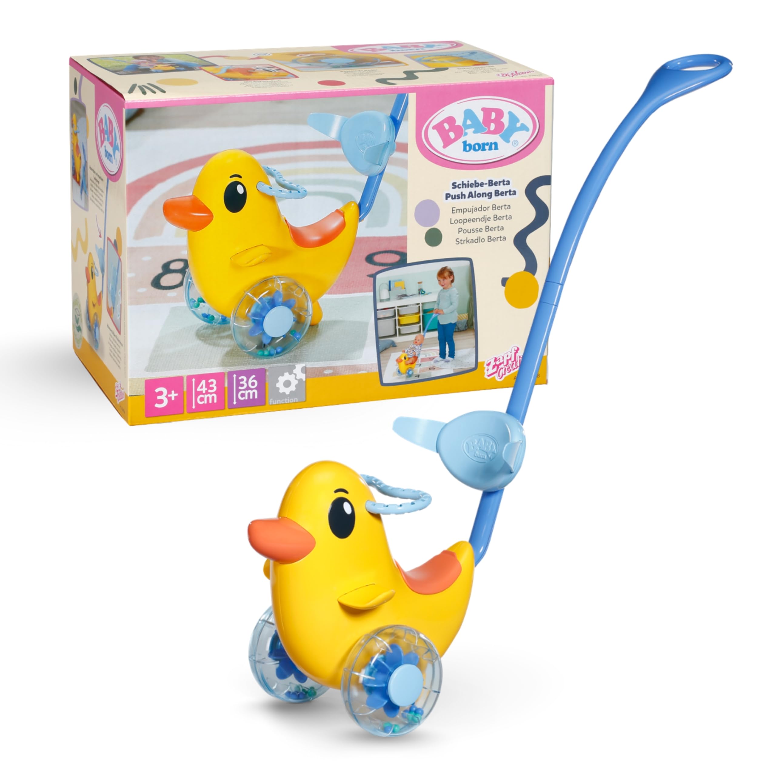 BABY born Push-Along Berta - Doll ride on toy with adjustable handlebar & rattling wheels - Fits 36cm & 43cm Dolls - Premium accessory for Children Aged 3+, Gelb