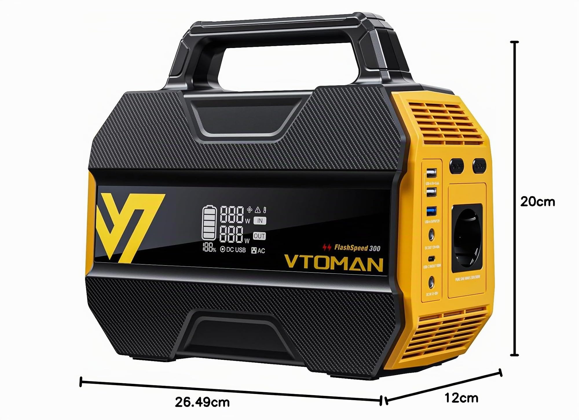 VTOMAN FlashSpeed 300 Estación de Energía Portátil 230Wh, 300W (Pico 600W) | Batería LiFePO4, 3000 Ciclos, Salida PD USB-C 100W, 6 Tomas Generador Solar, Camping al Aire Libre, RV, Pesca