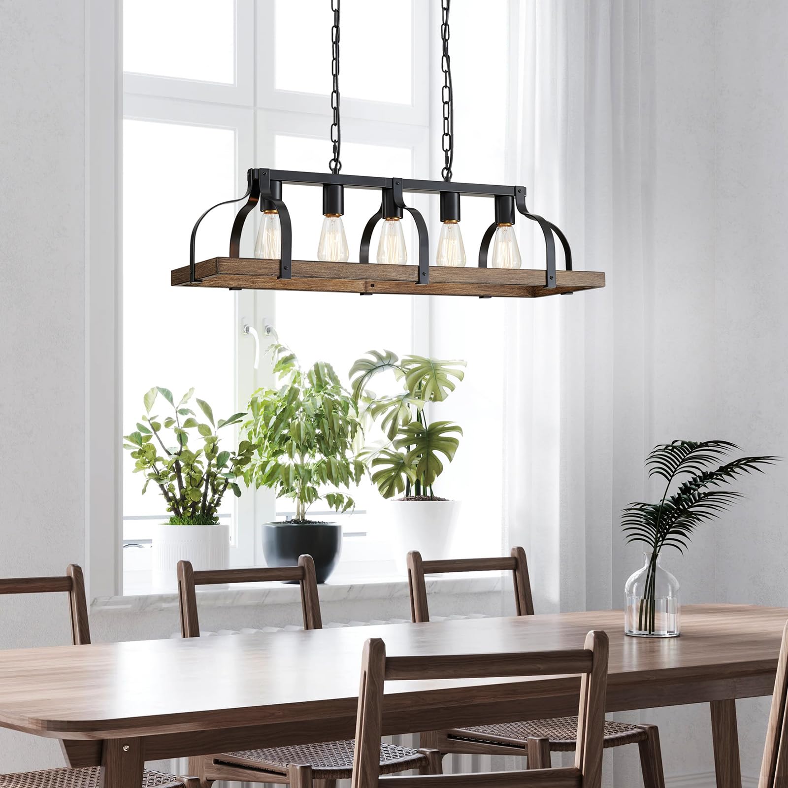 WUZUPS 5 Lustres Métal Léger Imitation Grain de Bois Lampe Suspension Linéaire Éclairage Plafond Rustique Ferme Robinet Cuisine Île Salle à Manger Socle E27 Noir & Bois Rétro