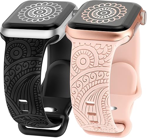 TOYOUTHS Paquete de 2 correas bohemias grabadas compatibles con Apple Watch de 1.772 in, 1.732 in, 1.654 in, 1.929 in, para mujeres, hombres y