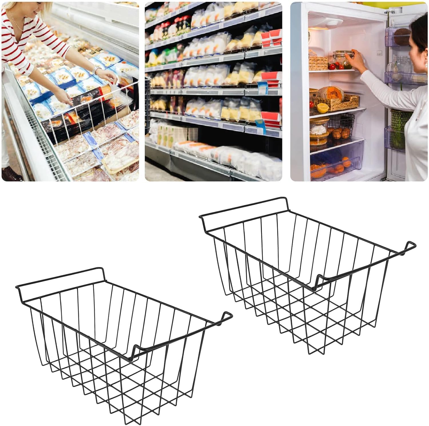 2 Stück Gefrierschrank-Draht-Aufbewahrungskorb, PE-beschichtetes Hängeregal, Organizer-Behälter, Schwarz für Kühlschrankregale (L 45cm X W 24.5cm X H 20cm)