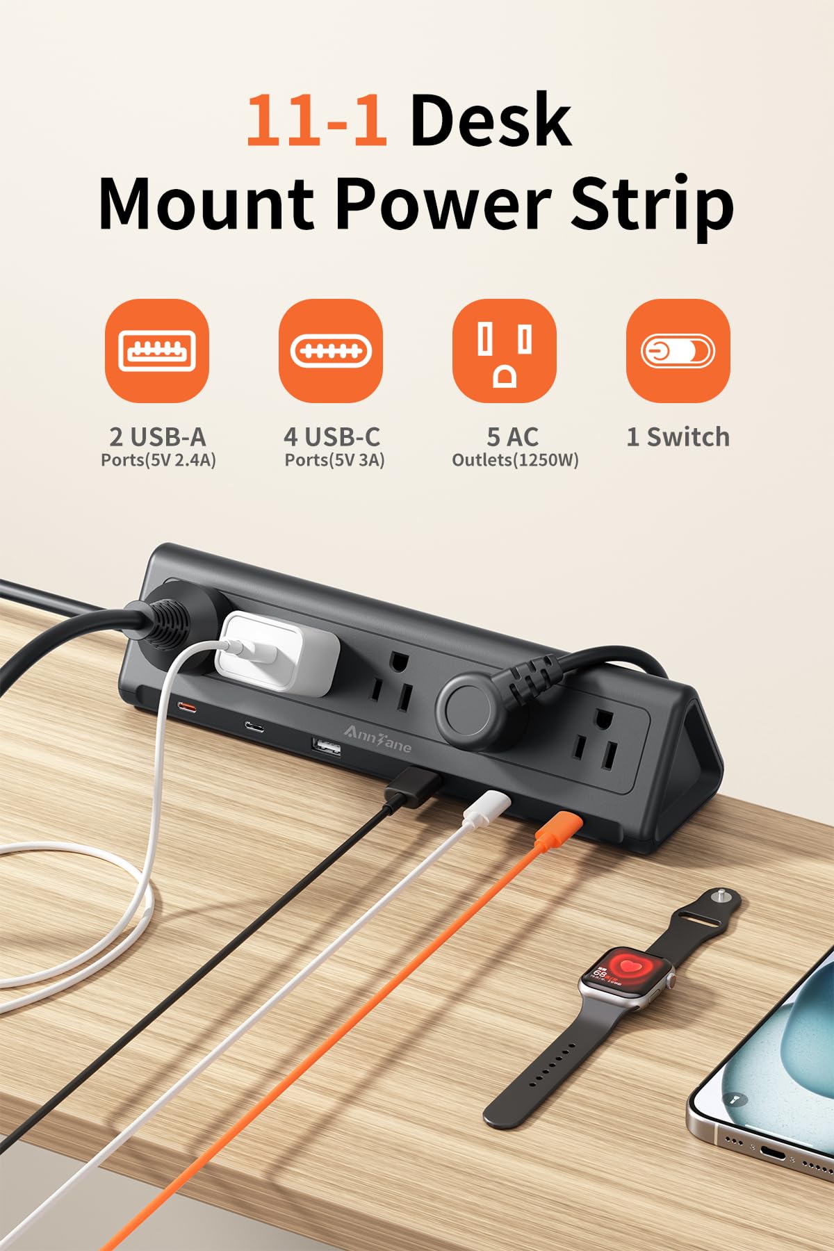 Tira de alimentación con abrazadera de computadora de 10 pies con 5 salidas de CA y 6 puertos USB PD 40 W USB-C de carga rápida, protector de sobretensión 1250J, se adapta a borde superior de 2.6