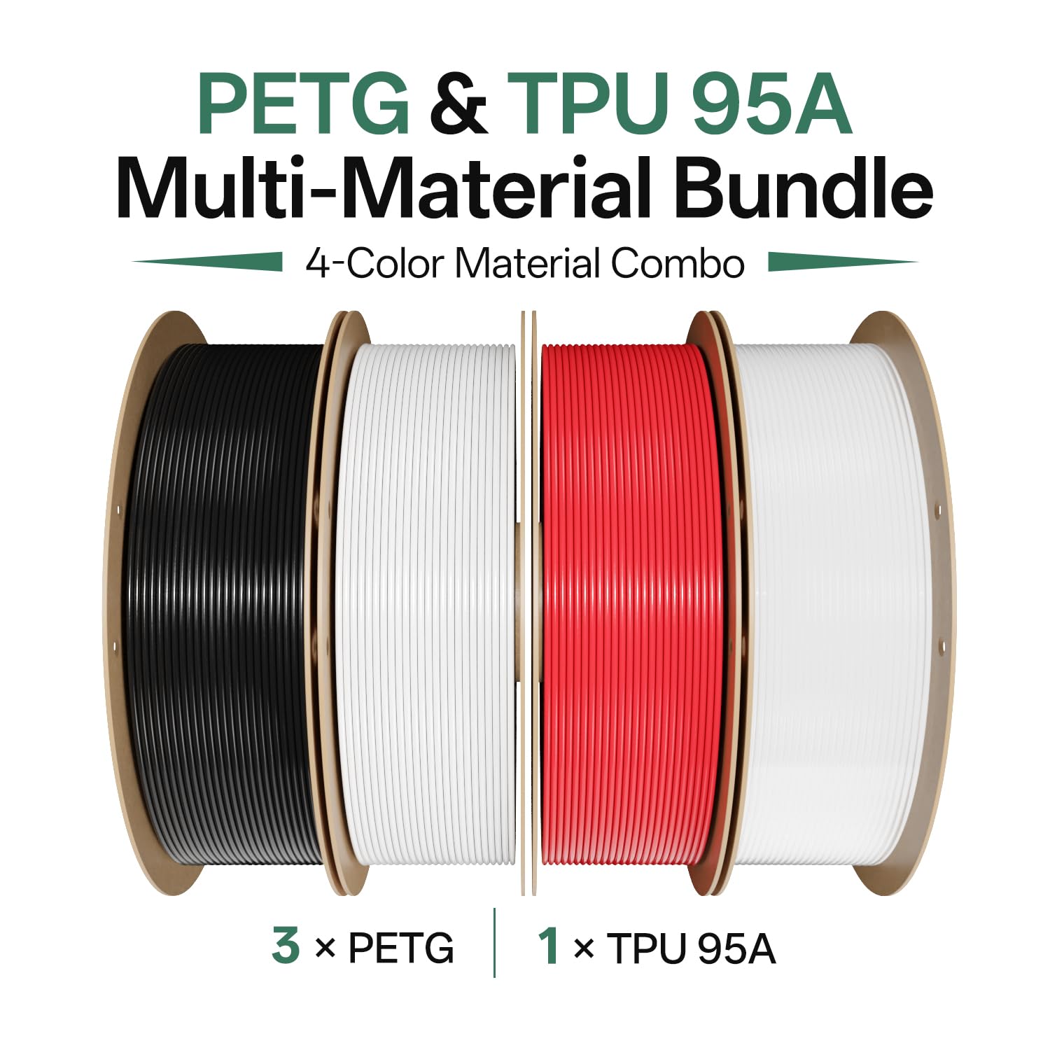 eSUN PETG and TPU-95A Filament 1.75mm Bundle, 1KG per Spool, 4 Spools for 3D Printers, PETG Black+White+Red&TPU-95A Clear