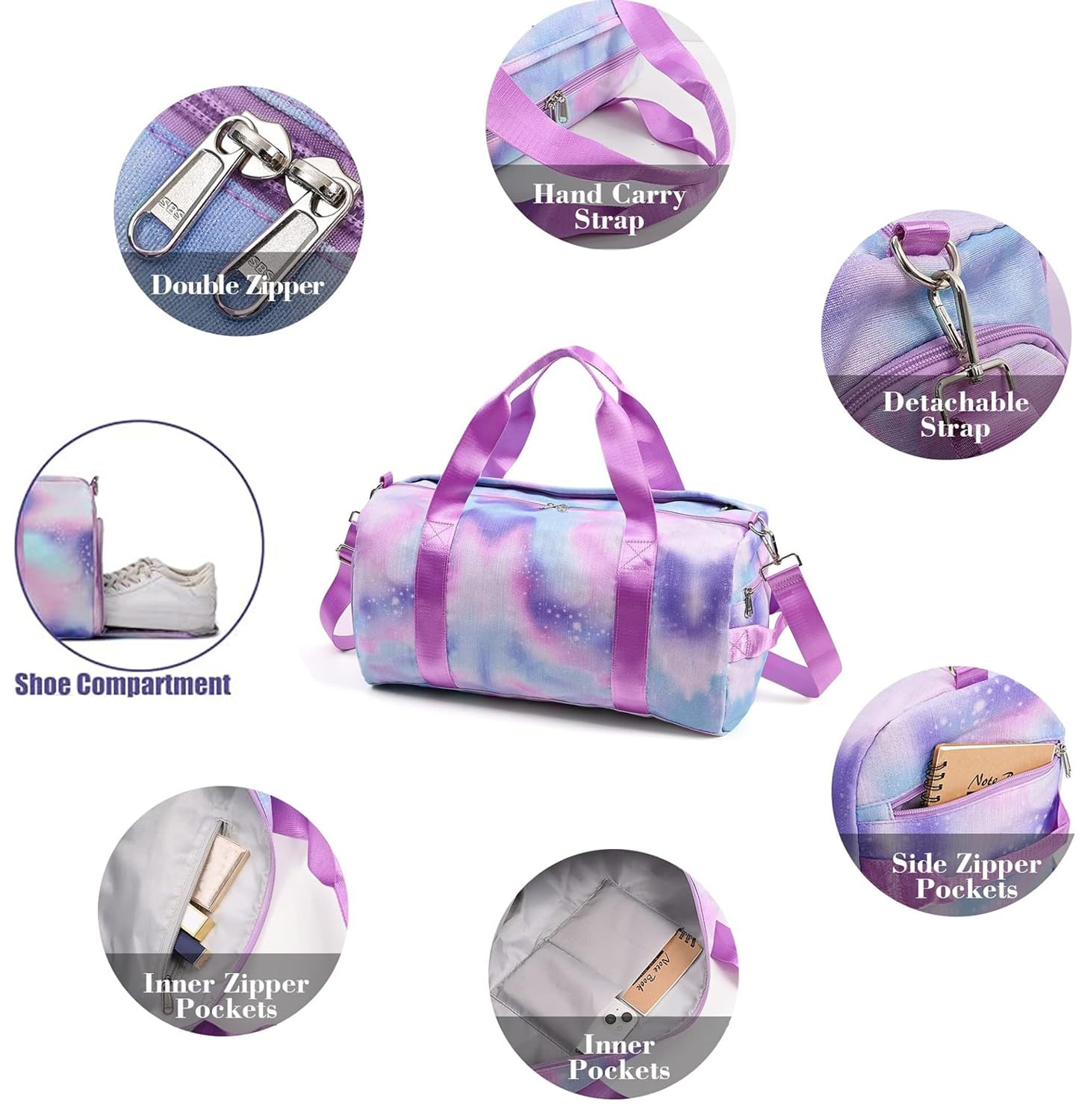 Kindersporttasche Reisetasche mit Schuhfach & Nassfach Schwimmtasche, Kinder Mädchen Reisetasche für Gymnastik Schwimm Niedlich Buntes Tanztasche Regenbogen Muster Sporttasche (lila)