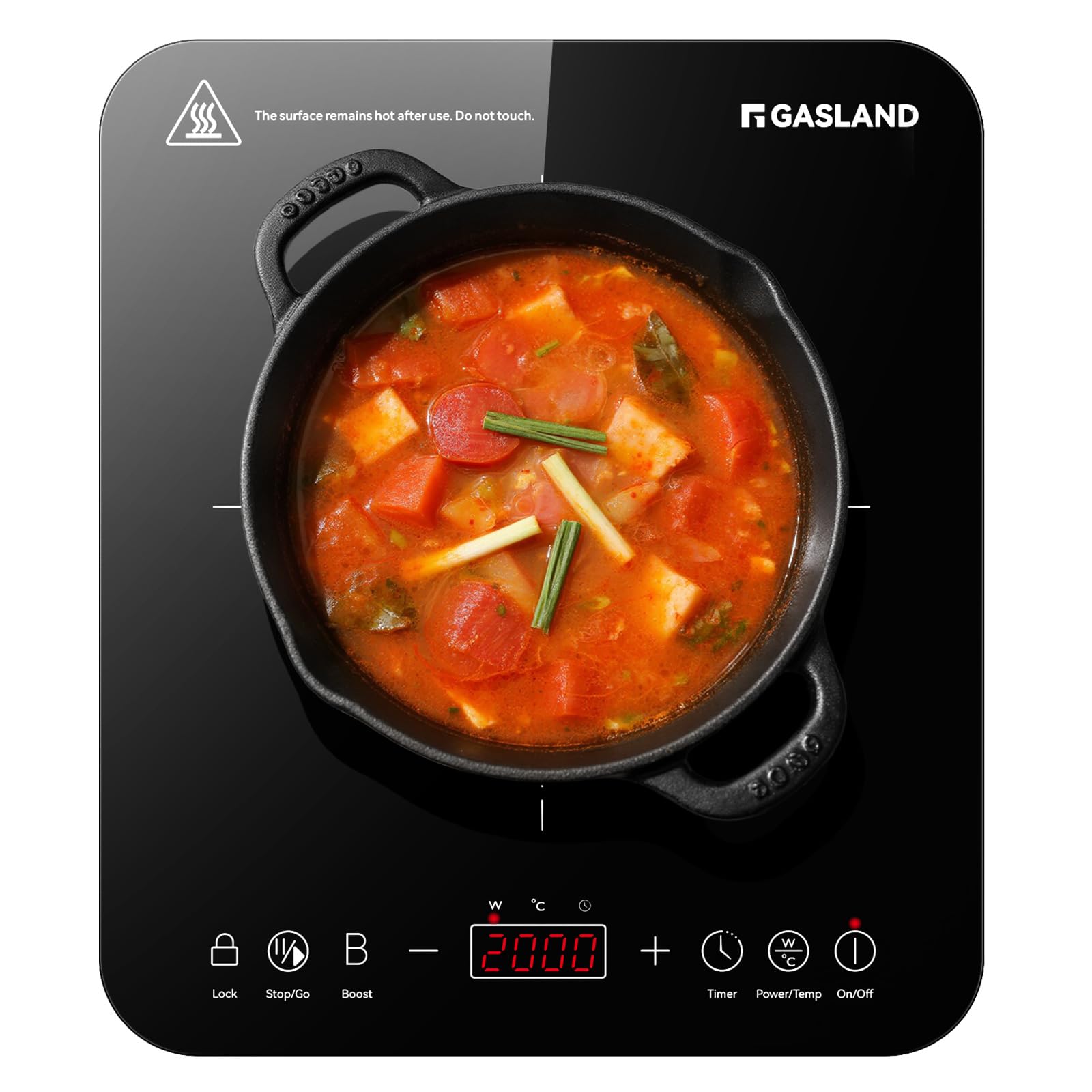 GASLAND IH271BTA Single Induction Hob, 27 cm, 2000W Portable Induction Hob with 1 Zone, Touch Control, 10 Temperature Levels, 10 Power Levels, Safety Lock