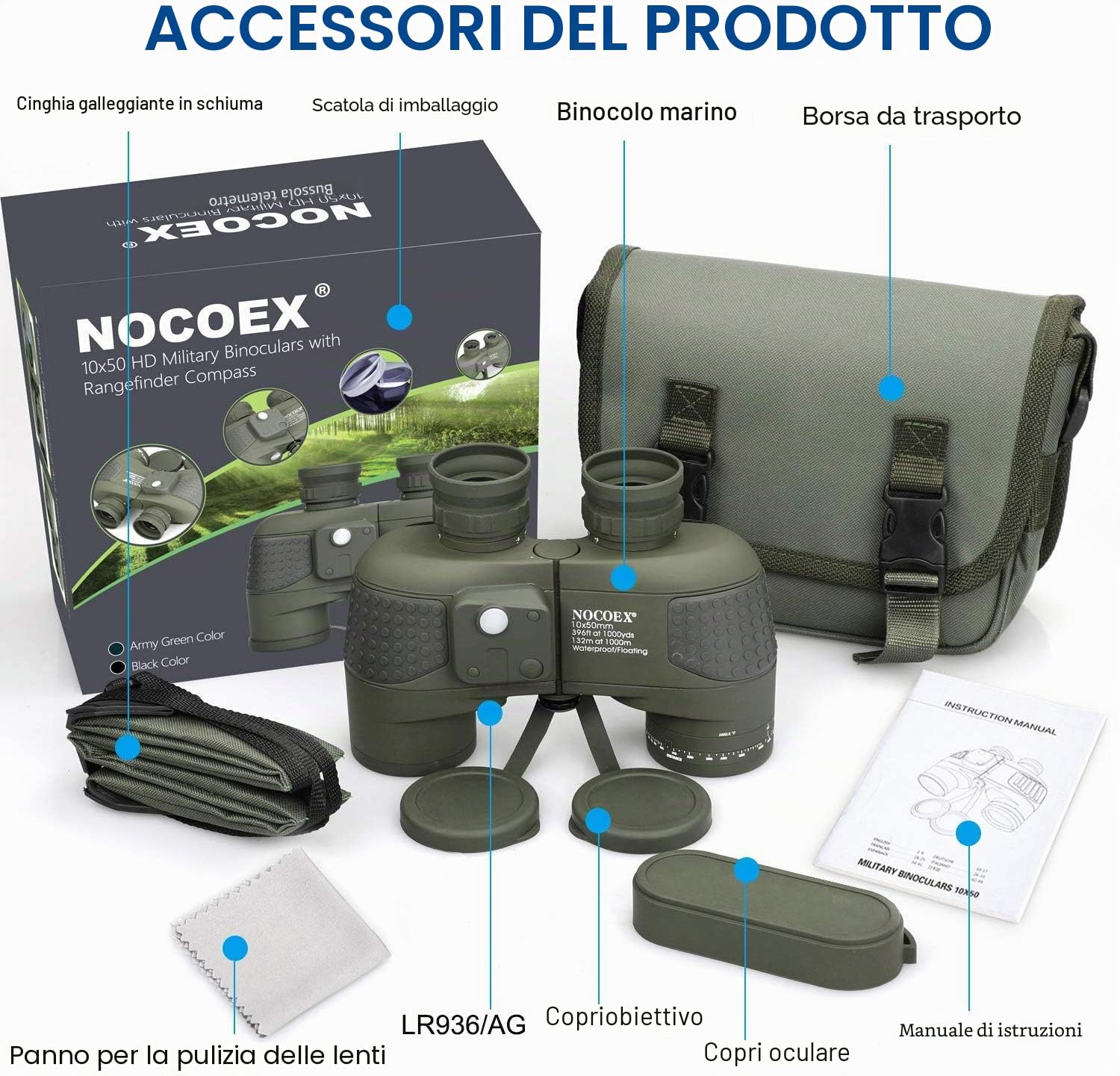 NOCOEX 10x50 Binocolo Marino per Adulti, Binocolo Impermeabile con Bussola Telemetro BAK4 Prisma Lente FMC Antiappannamento per la Navigazione Birdwatching Caccia