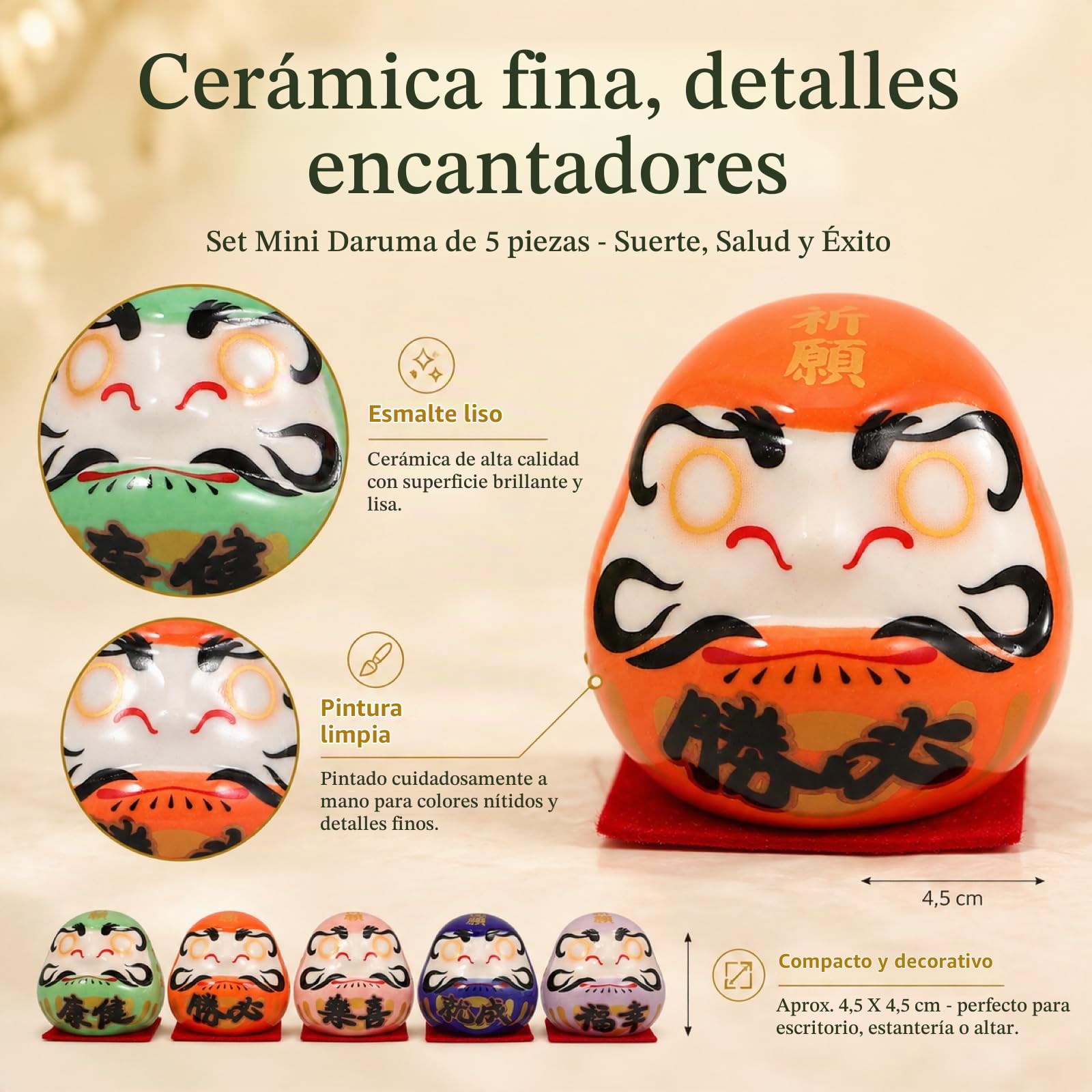 Zerodeko Juego de 5 muñecos japoneses de cerámica, amuleto de la suerte, figuras Bodhidharma en miniatura para el salpicadero del coche y el hogar, juego de decoración zen sin ojos para el éxito y la