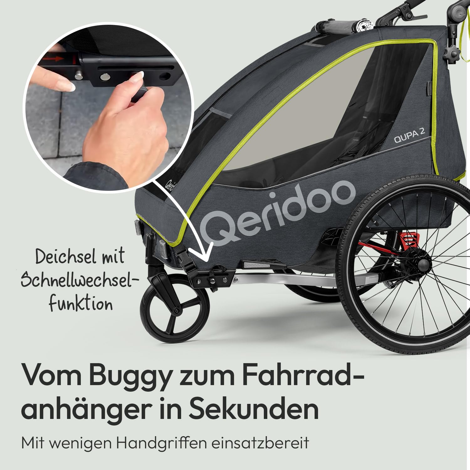 Qeridoo QUPA 2 | Fahrradanhänger 2 Kinder | Kinder Fahrradanhänger mit Blattfederung & Handparkbremse | Jogger Kinderwagen | Kinderfahrradanhänger klappbar | Fahrrad Anhänger