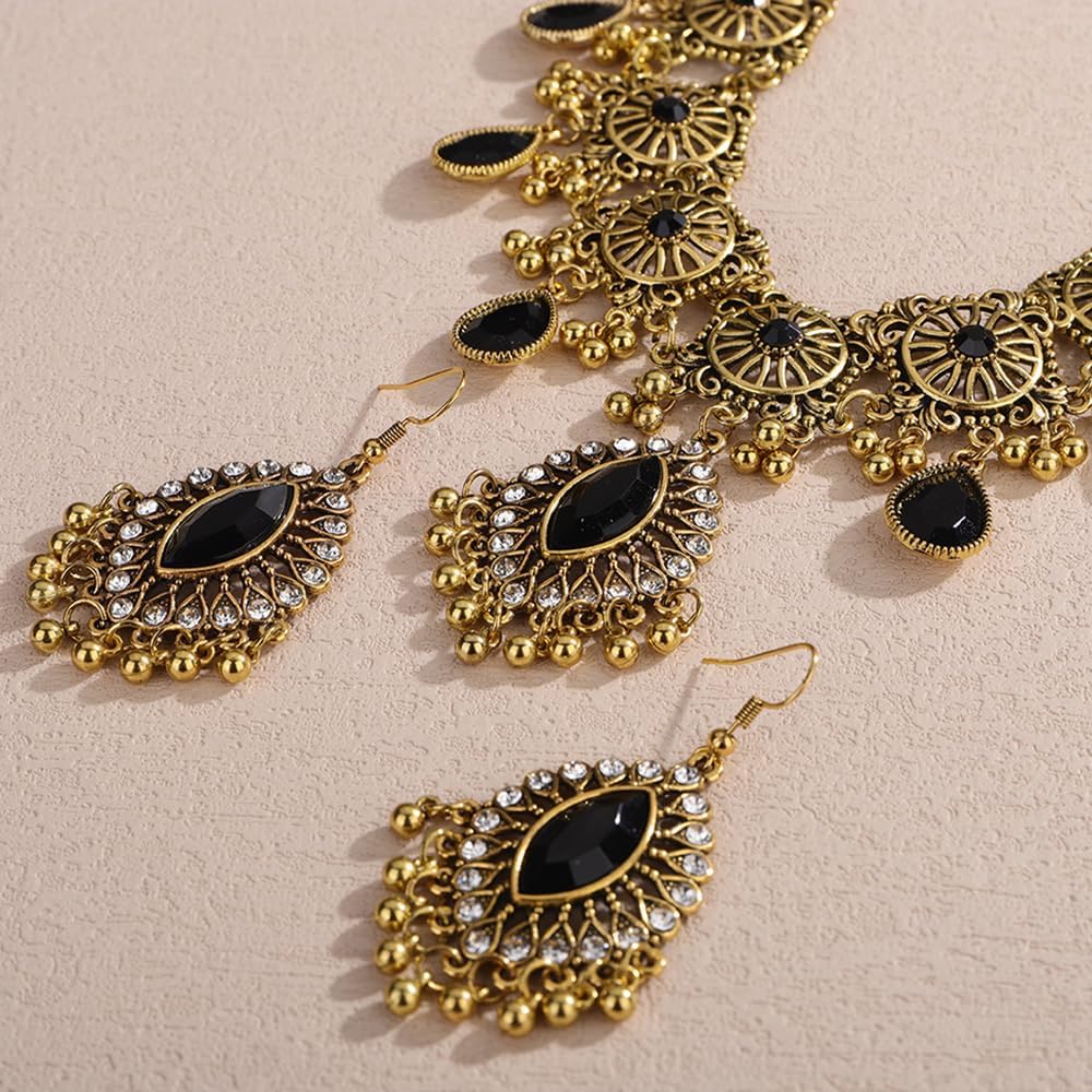 Vintage Indian Rhinestone Dangle Necklace Earrings Set Indian Ethnic Rhinestone Necklaces Boho Rhinestones Dangle Earrings Wedding Party Prom Choker Earrings Set for Women(3pcs - Image 5