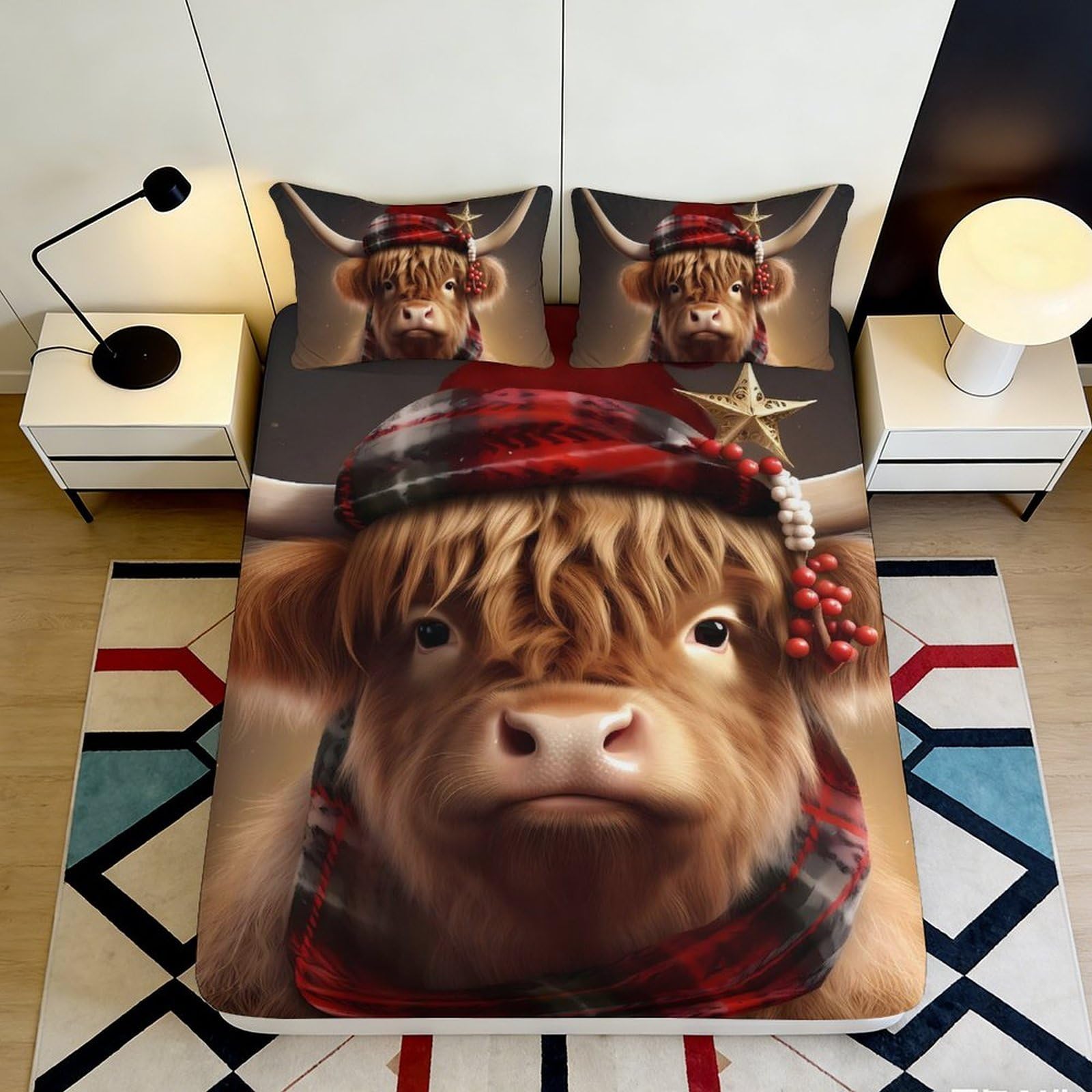 3D Printed Highland Cow Christmas Fitted Sheet Microfiber Soft Mattress Cover for Bedroom, Dorm, Guest Room Decor 120x200cm 180x200x25cm