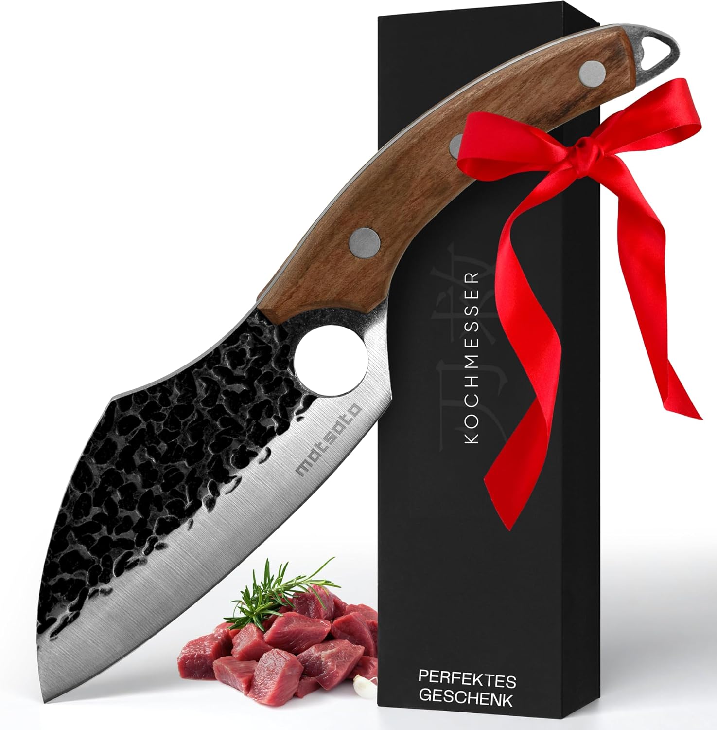 Matsato Damask Chef’s Knife, Japanese Damascus Steel Kitchen Knife with Finger Hole, Versatile for Meat, Vegetables & Fish, Sharp and Durable