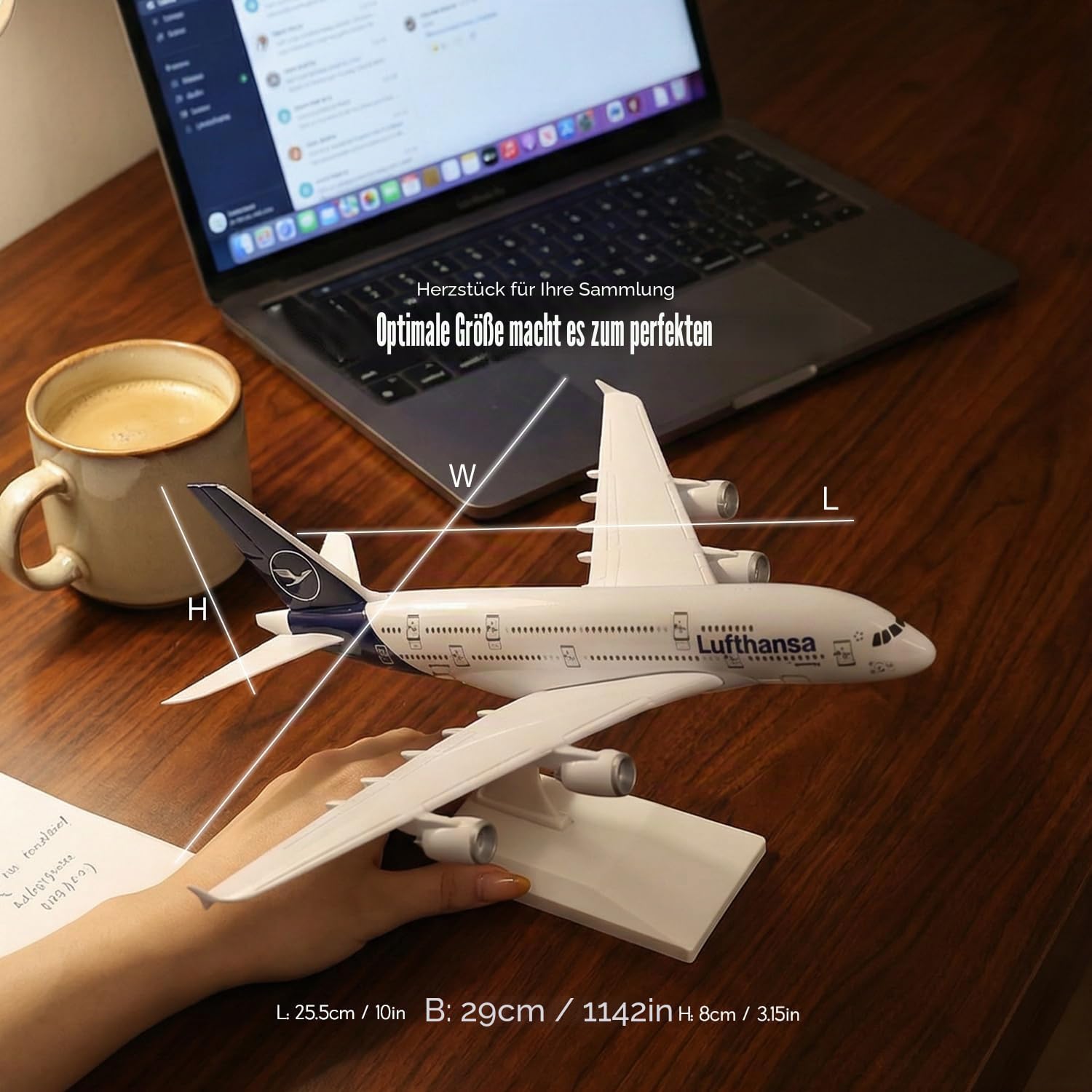 kolotesame Flugzeugmodell im Maßstab 1:280, kompatibel mit Lufthansa Airbus A380, Schnellbausatz aus Kunststoff mit Ständer, 25,5 cm lang, ideal zum Ausstellen oder Verschenken.