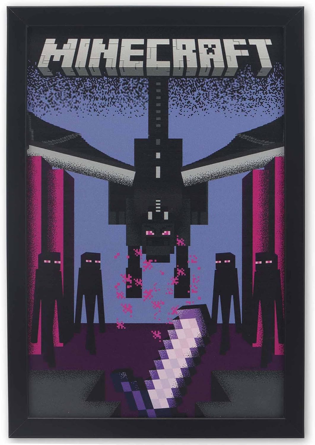 Minecraft Ender Dragon Framed Wood Wall Decor - Minecraft Battle Scene Wall Art with Sword and Endermen