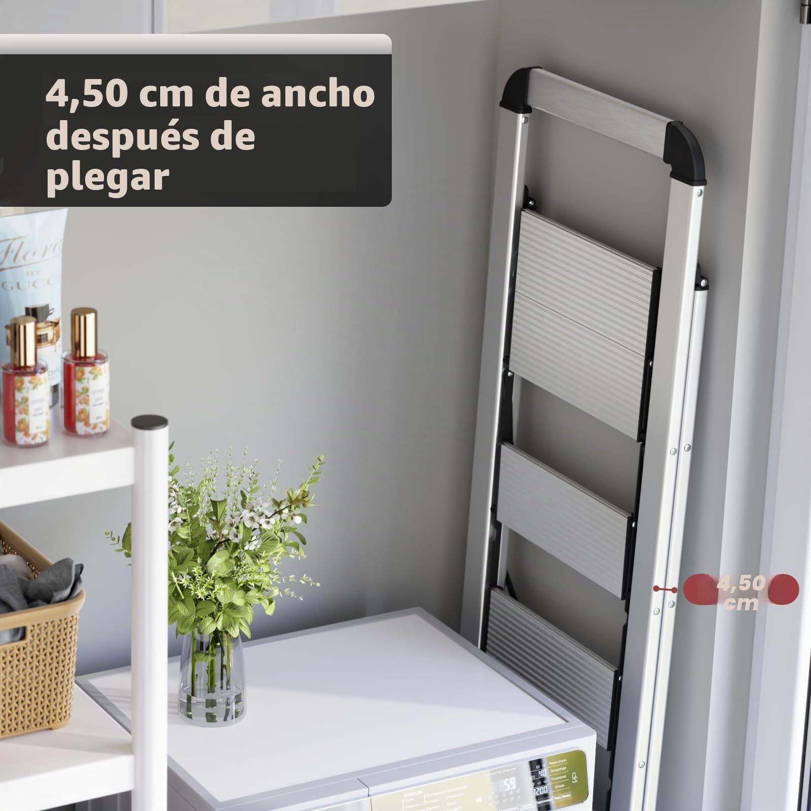 KINGRACK Escalera de Tijera 5 peldaños Plegable de Aluminio, Escalera Doméstica Estrecha con Pasamanos, Mecanismo Antiplegado, Uso Hogar Cocina Despensa Oficina, Ahorro de Espacio y Portátil, Plata