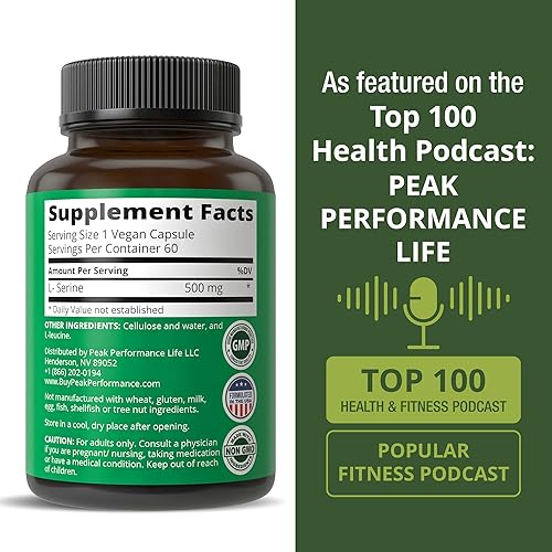Miniatura 6 de Peak Performance Cápsulas L-Serine de 500 mg de los mejores aminoácidos cerebrales y nootrópicos para la producción de L-cistina, L-triptófano y