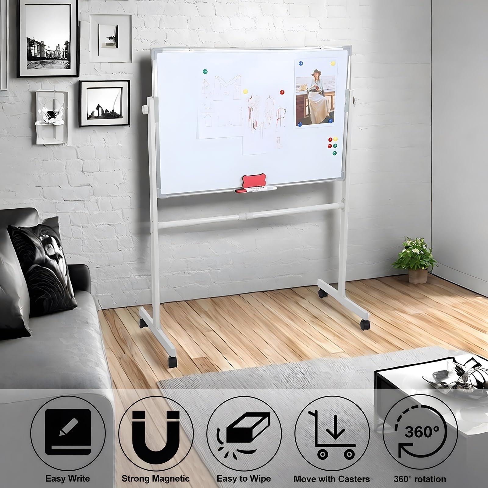 Pizarra blanca con ruedas con ruedas, pizarra magnética móvil con soporte, altura y ángulo ajustables, 5 rotuladores, 12 imanes, borrador para oficina, aula, 60 x 90 cm