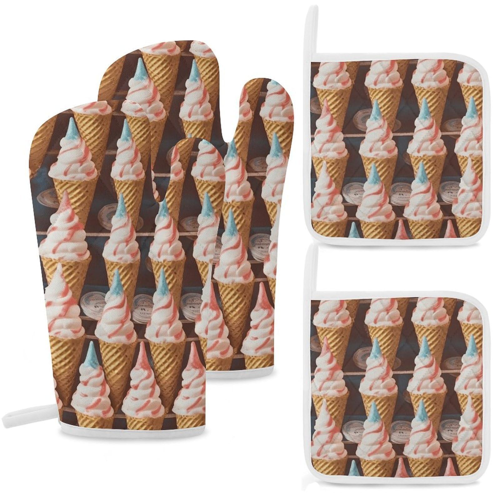 Ice Cream Cones Fifties Time Oven Mitts and Pot Holders Sets Heat Resistant Oven Glove with Hanging Loop for Baking Cooking BBQ Thicken Potholders for Kitchen