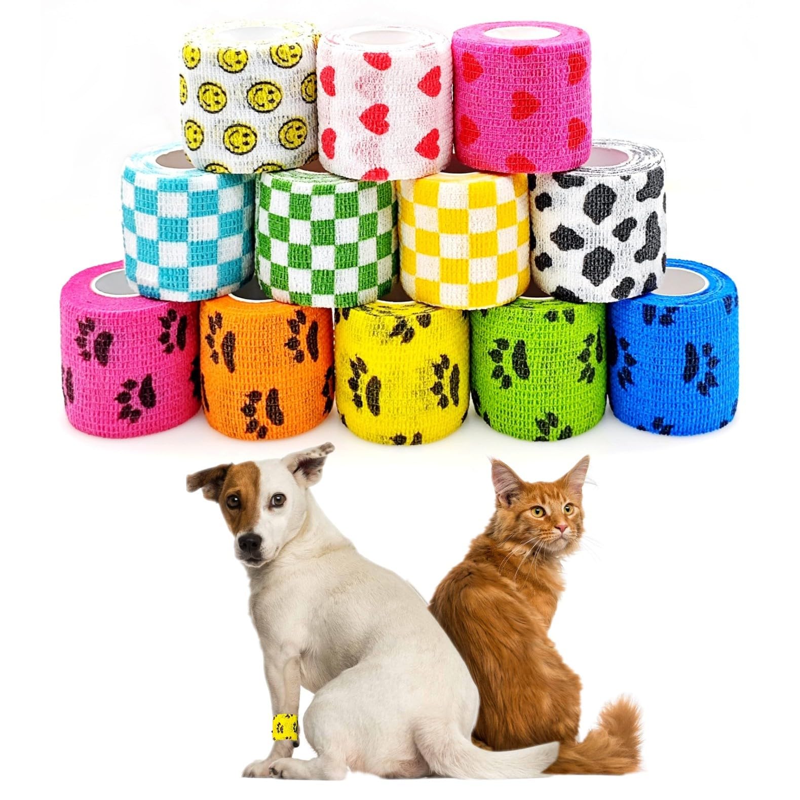 JZK 12 Rollos vendaje cohesivo 5 cm x 4,5 m, venda elástico autoadhesivo para mascotas y humanos, cinta banda elástica adhesiva para vendaje patas, pies y patas de perros y gatos, multicolor