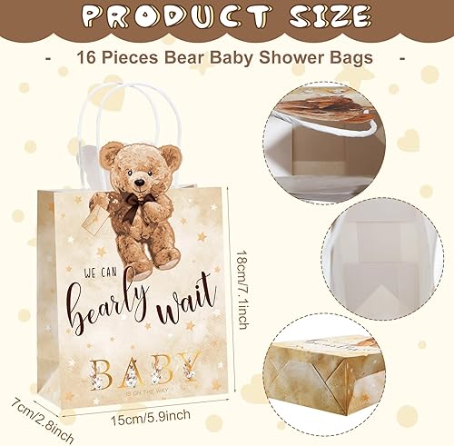 Miniatura 2 de Tinlade 16 bolsas de oso de peluche para baby shower, bolsas de papel para fiesta de oso con asas, We Can Bearly Wait, decoraciones de baby shower,