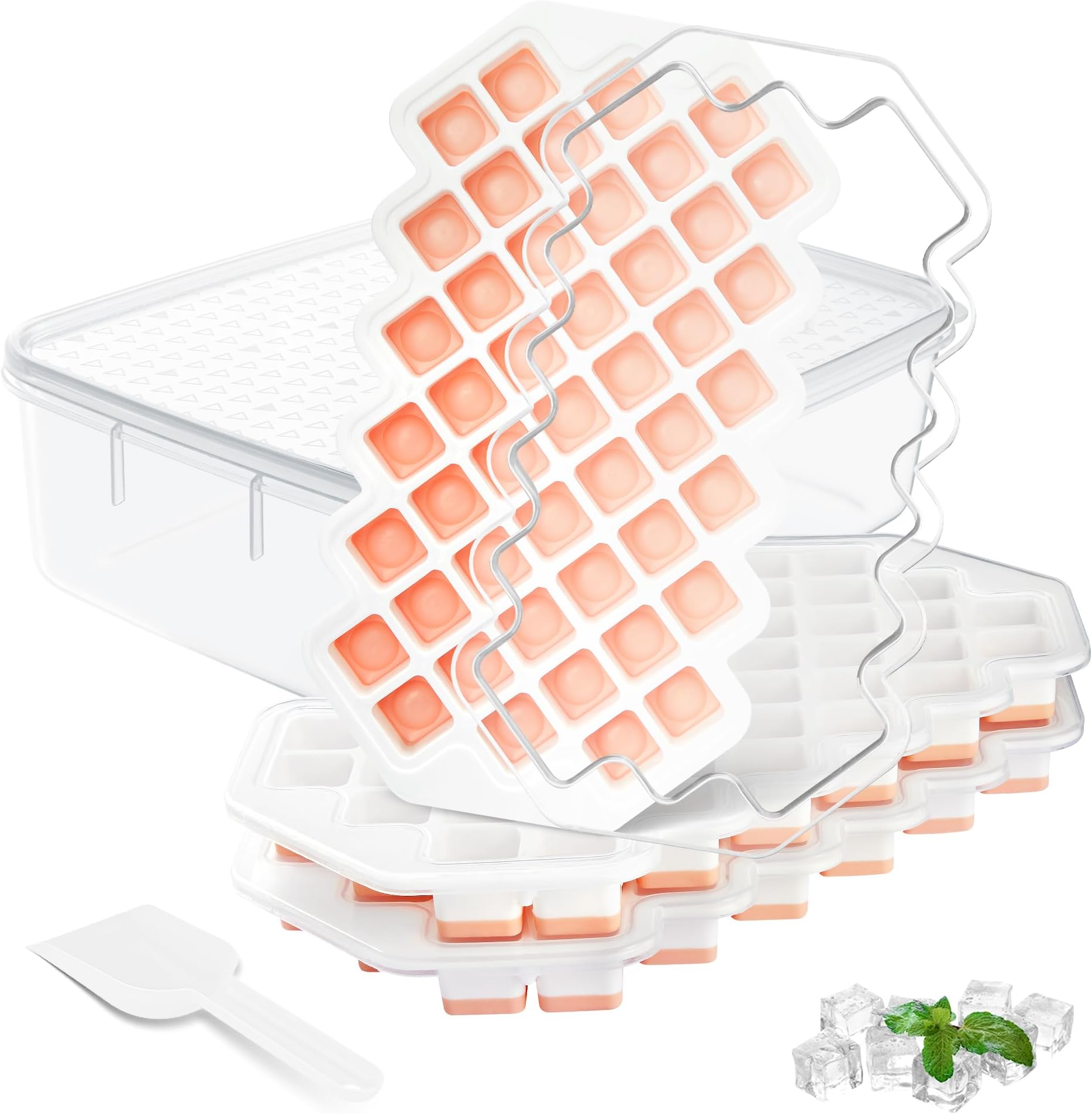 New ice Cube Tray With Lid and Bin, 3 Pack Silicone Plastic Ice Cube Trays for Freezer with Container, 0.8''x135 Square ice Trays for Chilled Drinks Coffee Juice, Stackable ice Tray PBA free (4)