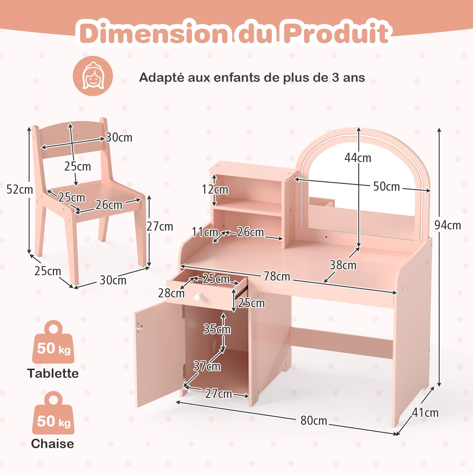 COSTWAY 2 en 1 Bureau Enfants avec Chaise & 120 Lumières LED, Coiffeuse Enfants Fille avec Miroir Acrylique, 2 Etagères & Tiroir, Dispositif Anti-basculement, Charge 50kg pour 3 Ans+ (Rose Clair)