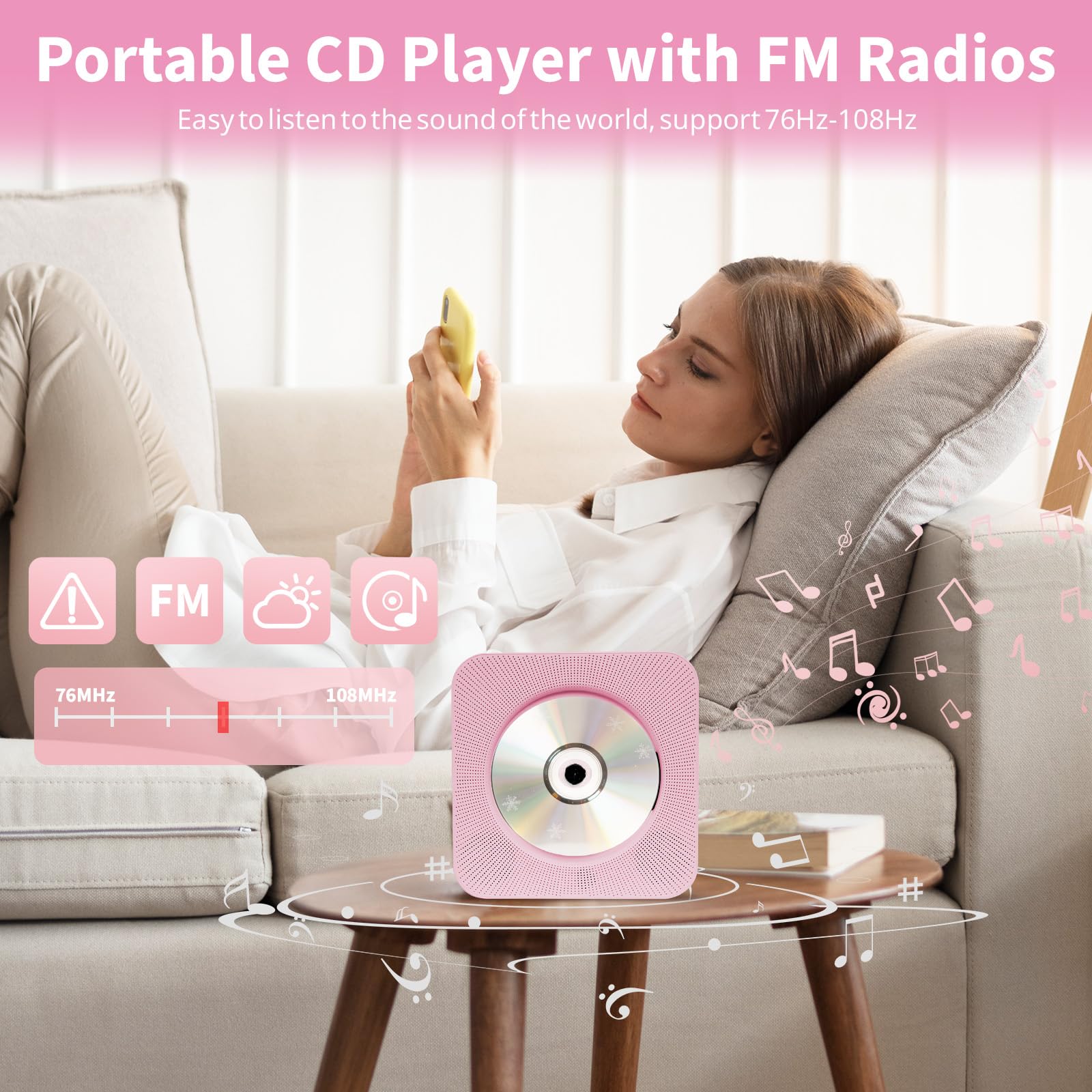 CD Spieler mit Bluetooth Wand und Tischmontage Multifunktional Tragbarer CD Player mit HiFi-Lautsprechern Musik CD-Player Unterstützt AUX/USB für Geschenk (Rosa)