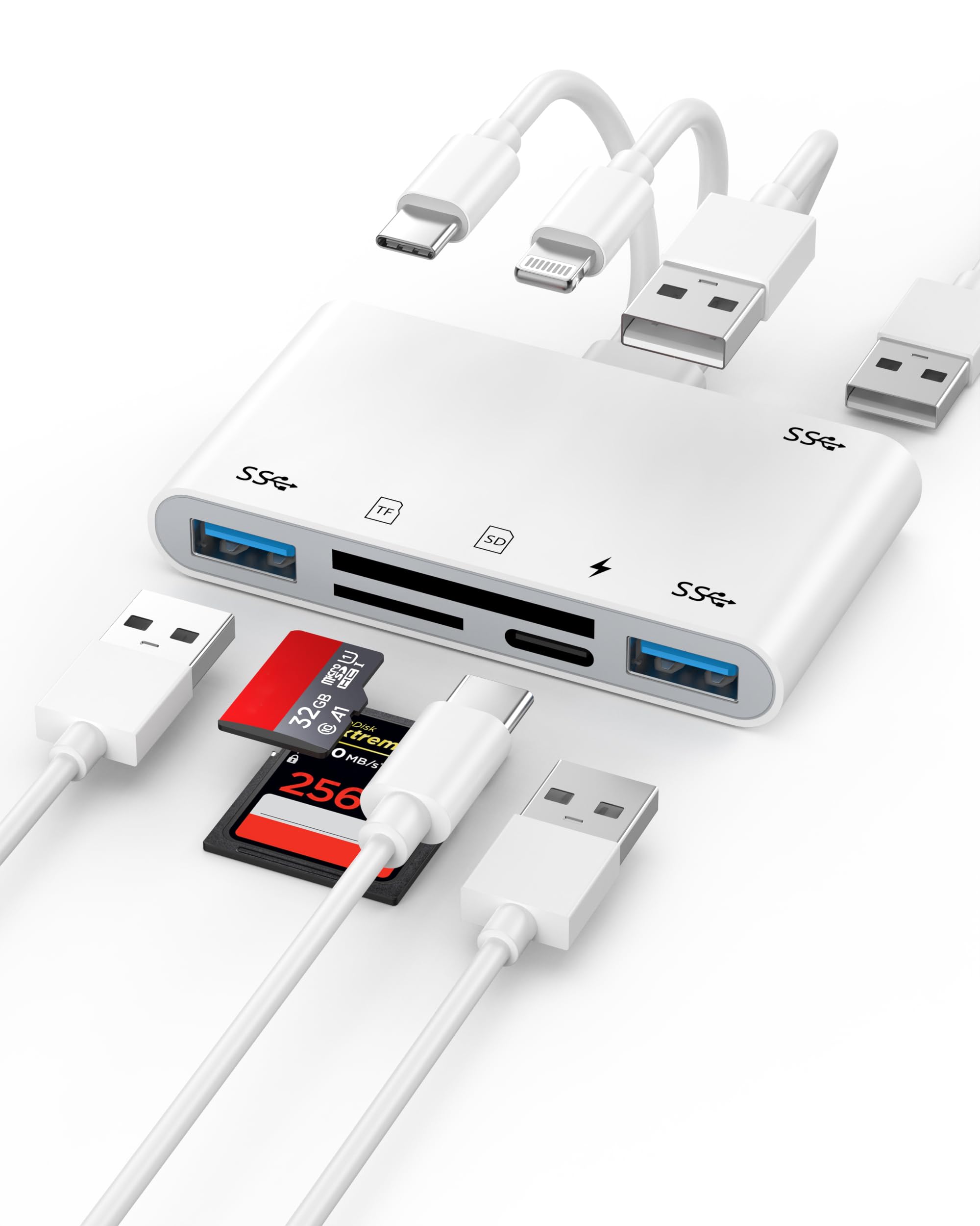 Lector de tarjetas de memoria 5 en 1, adaptador OTG y lector de tarjetas SD para iPhone 17, 16, 15, 14, 13, 12, dispositivos tipo C/Lightning/USB A con lector de tarjetas Micro SD/SD/3 ranuras de