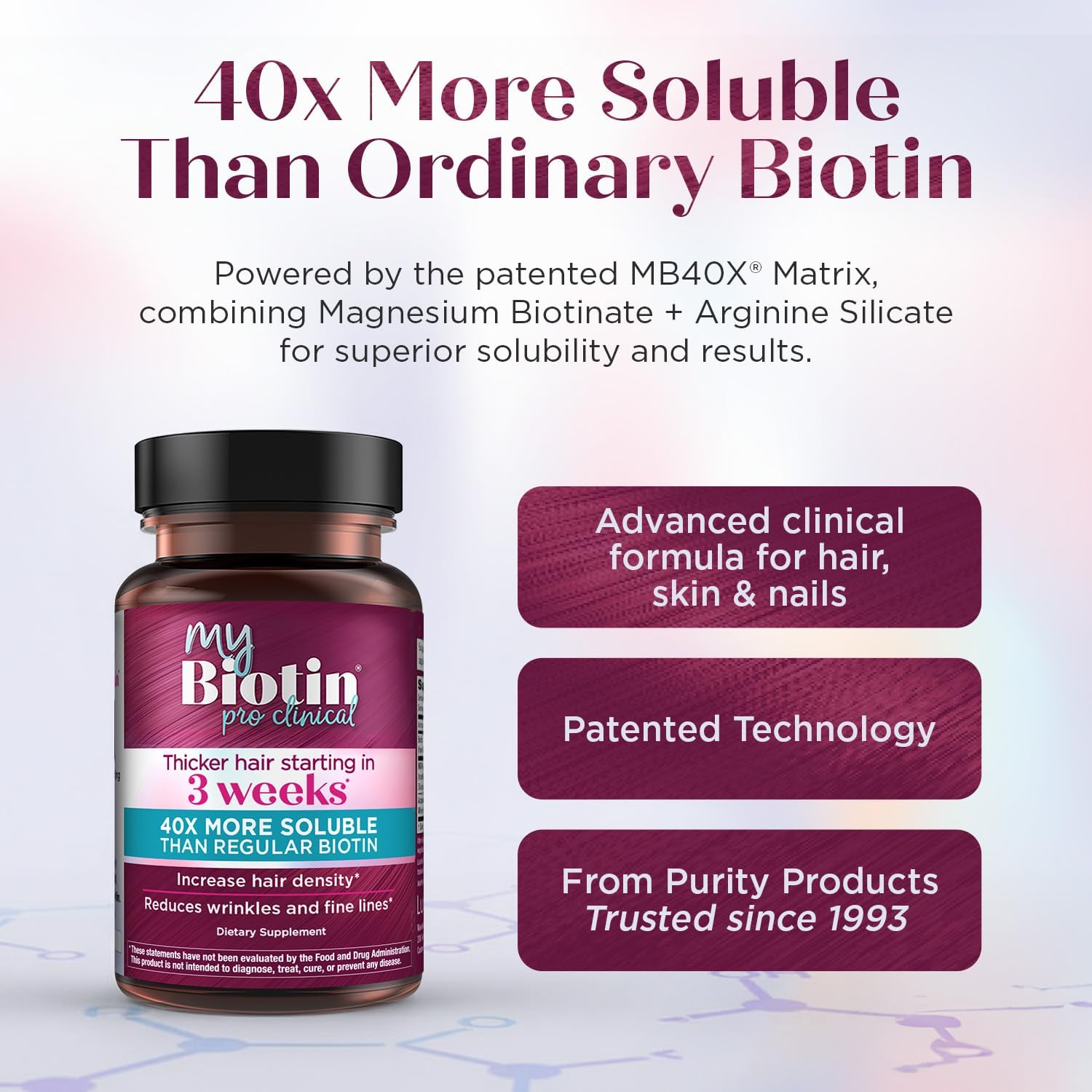 Purity Products MyBiotin ProClinical – Thicker Hair Starting in 3 Weeks & Fights Wrinkles - MB40X Patented Biotin Vitamin B7 Matrix w/Astaxanthin - 40X More Soluble vs Ordinary Biotin, 30 Veg Capsules - Image 2