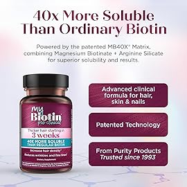 Purity Products MyBiotin ProClinical - Thicker Hair Starting in 3 Weeks & Fights Wrinkles - MB40X Patented Biotin Vitamin B7 Matrix w/Astaxanthin - 40X More Soluble vs Ordinary Biotin, 30 Veg Capsules