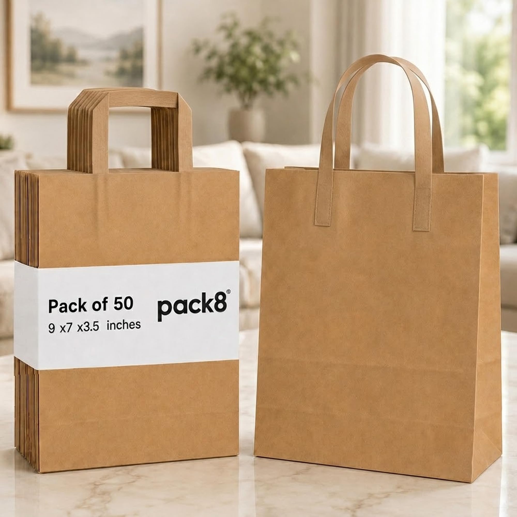Pack8 Eco-Friendly Brown Kraft Paper Bags with Handles 80gsm Strong Carrier Bags for Grocery, Takeaway Food, Retail Shopping, Gift Packaging (Small, Pack 50)