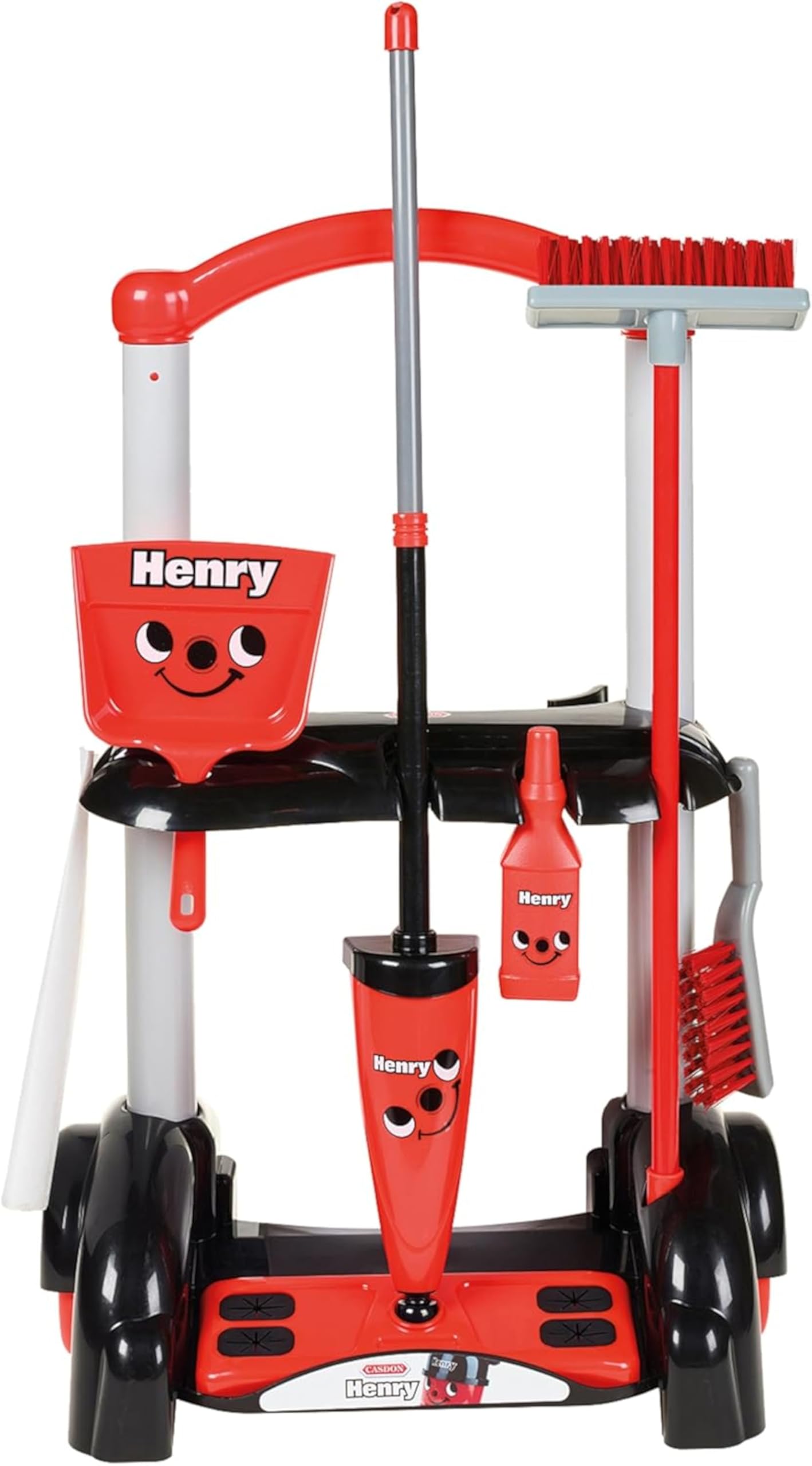 Casdon Henry & Hetty Jouets - Chariot de Nettoyage Henry - Ensemble Rouge inspiré d’Henry avec 1 serpillière, des brosses, 1 Pelle & Accessoires - Jeu pour Les Enfants âgés de 3 Ans & +