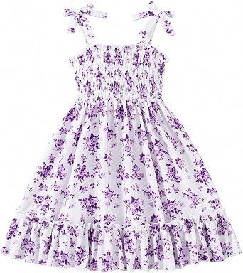 Girls Summer Dress, Sleeveless Floral Smocked Ruffle Sundress for Toddler Little Big Girls Casual Outfit