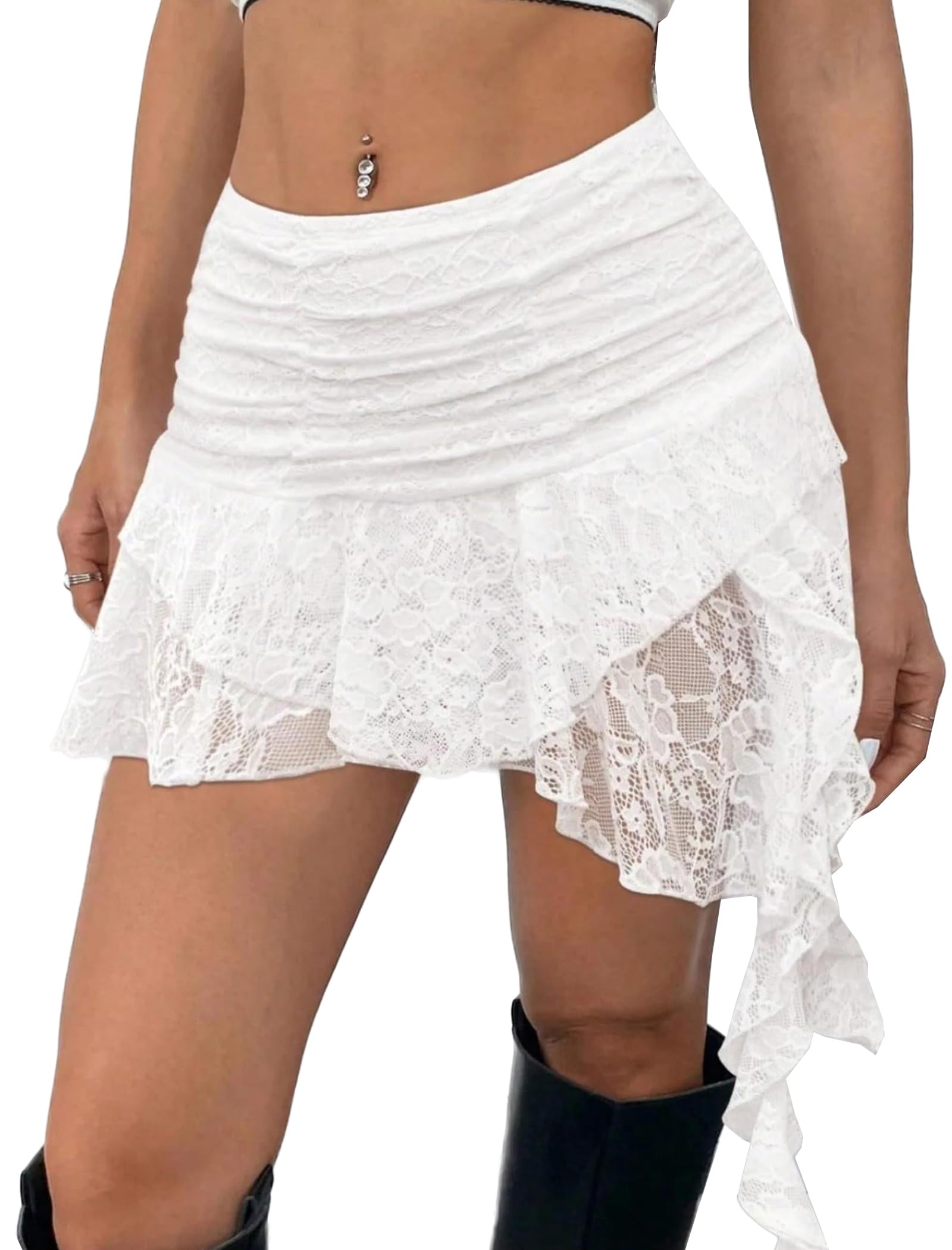 Women's Y2k Lace Layered Mini Skirt Ruched A Line Cute Tiered Ruffle Skirt-image-44