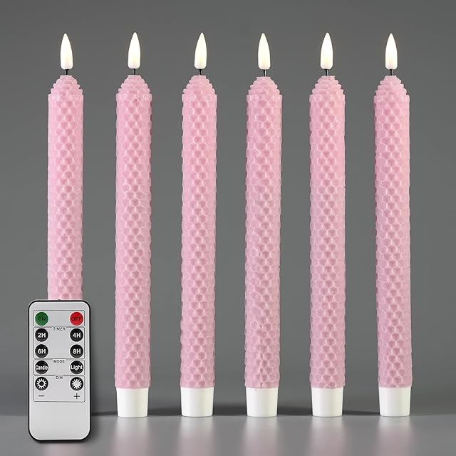 Eywamage Pink Honeycomb LED Taper Candles with Remote, Flickering Real Wax Flameless Battery Operated Candlesticks Set of 6