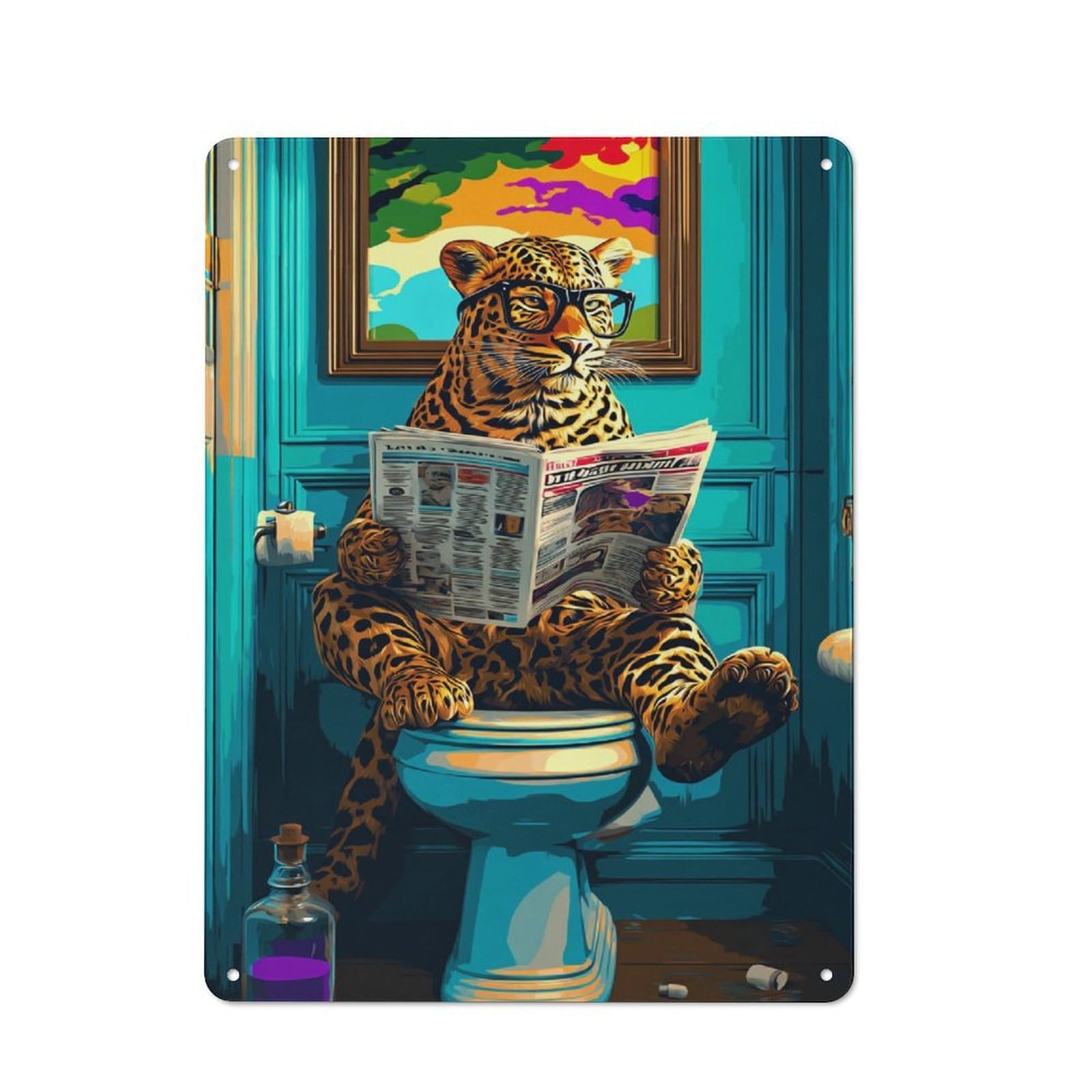 Junmoney Leopard Reading Newspaper On Toilet Rustic Metal Plaque 40X30cm For Studio Or Craft Room, Suited To Craft Room Decorators
